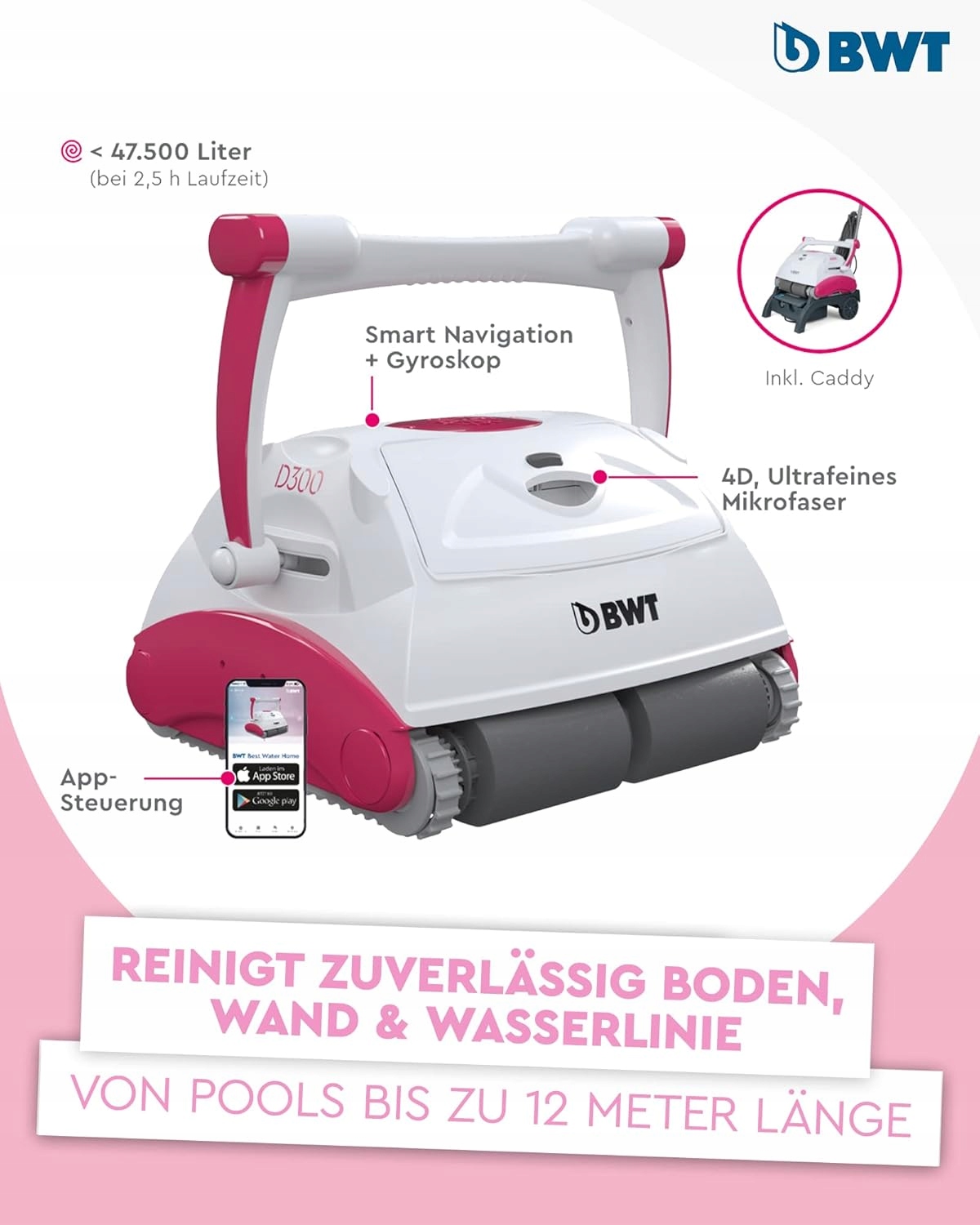 Robot basenowy BWT D300 Plus Optymalne czyszczenie dla basenów do 12 m Stan opakowania otwarte