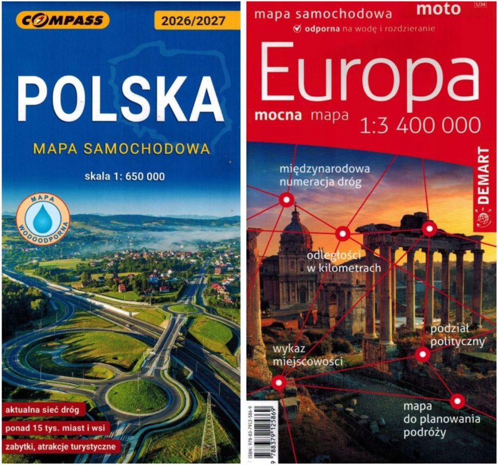 POLSKA MAPA SAMOCHODOWA LAMINOWANA COMPASS 2026/2027 + EUROPA DROGOWA