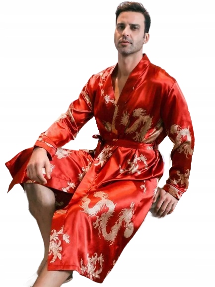 Červený Župan Zlaté Draky Hedvábný Satén Pánský Župan Ze Saténu XXL