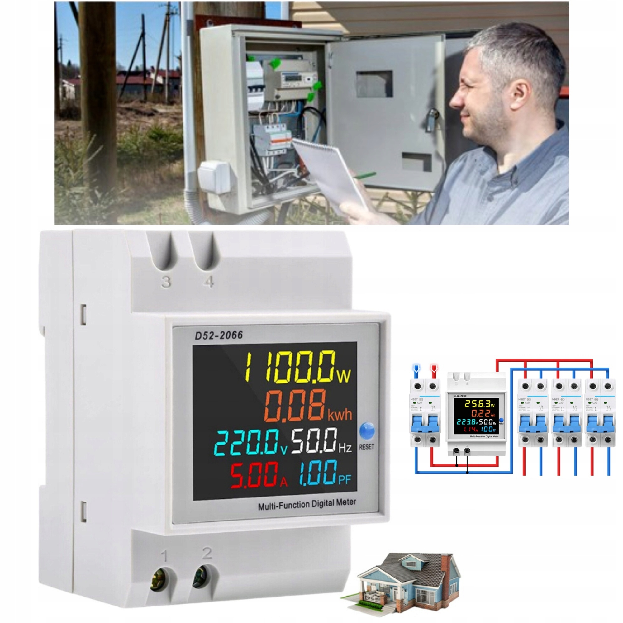 LICZNIK ENERGII WATOMIERZ WOLTOMIERZ MONITOR PRĄDU LCD DIN 100A 300V RMS Kod producenta Jednofazowy Licznik Energii