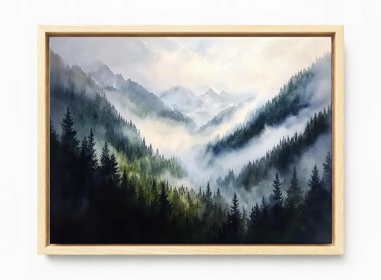 Obraz Rám Americká Krajina Akvarel Hory Vrcholky Les Stromy Mlha 60x40