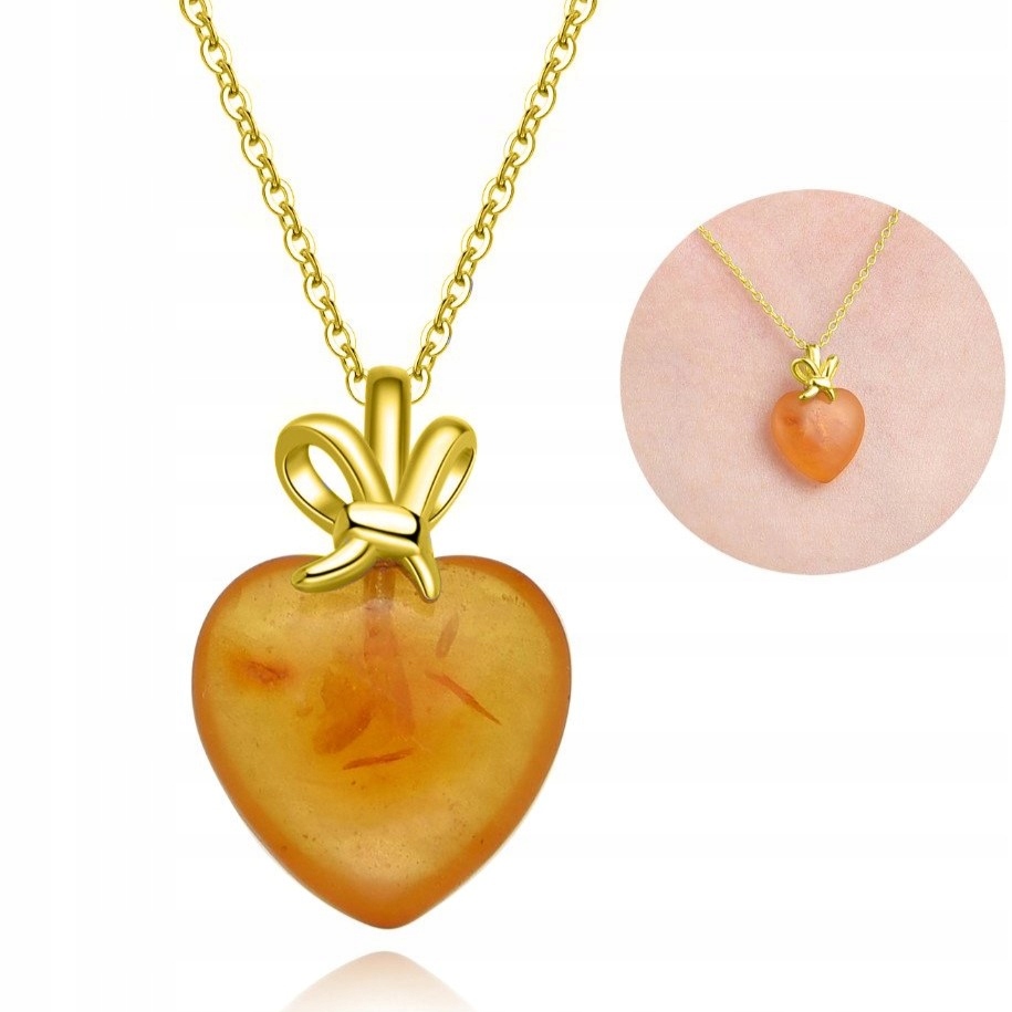 Dámský stříbrný náhrdelník s přívěskem srdce z jantaru, pozlacené stříbro 925