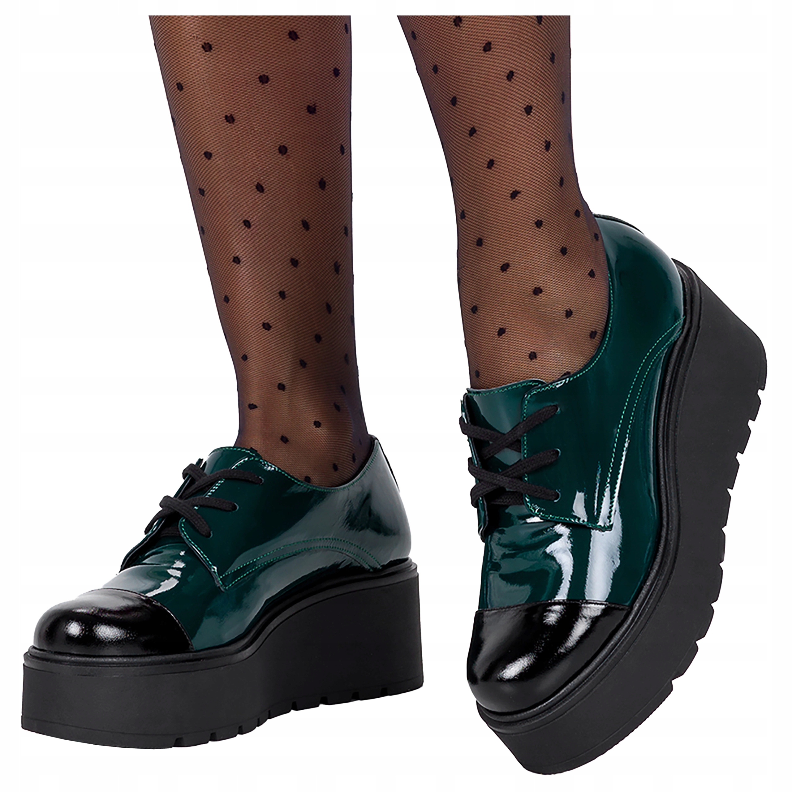 Kožené Polobotky Zelené Lakované Boty Na Platformě Šněrovací vel. 38