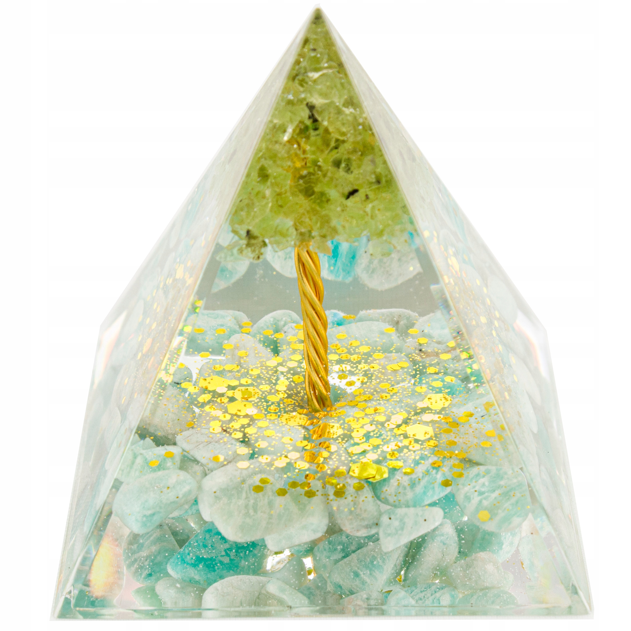 Orgonitová Pyramida Amazonit Měď Peridot Harmonizace Čaker Reiki 5 cm
