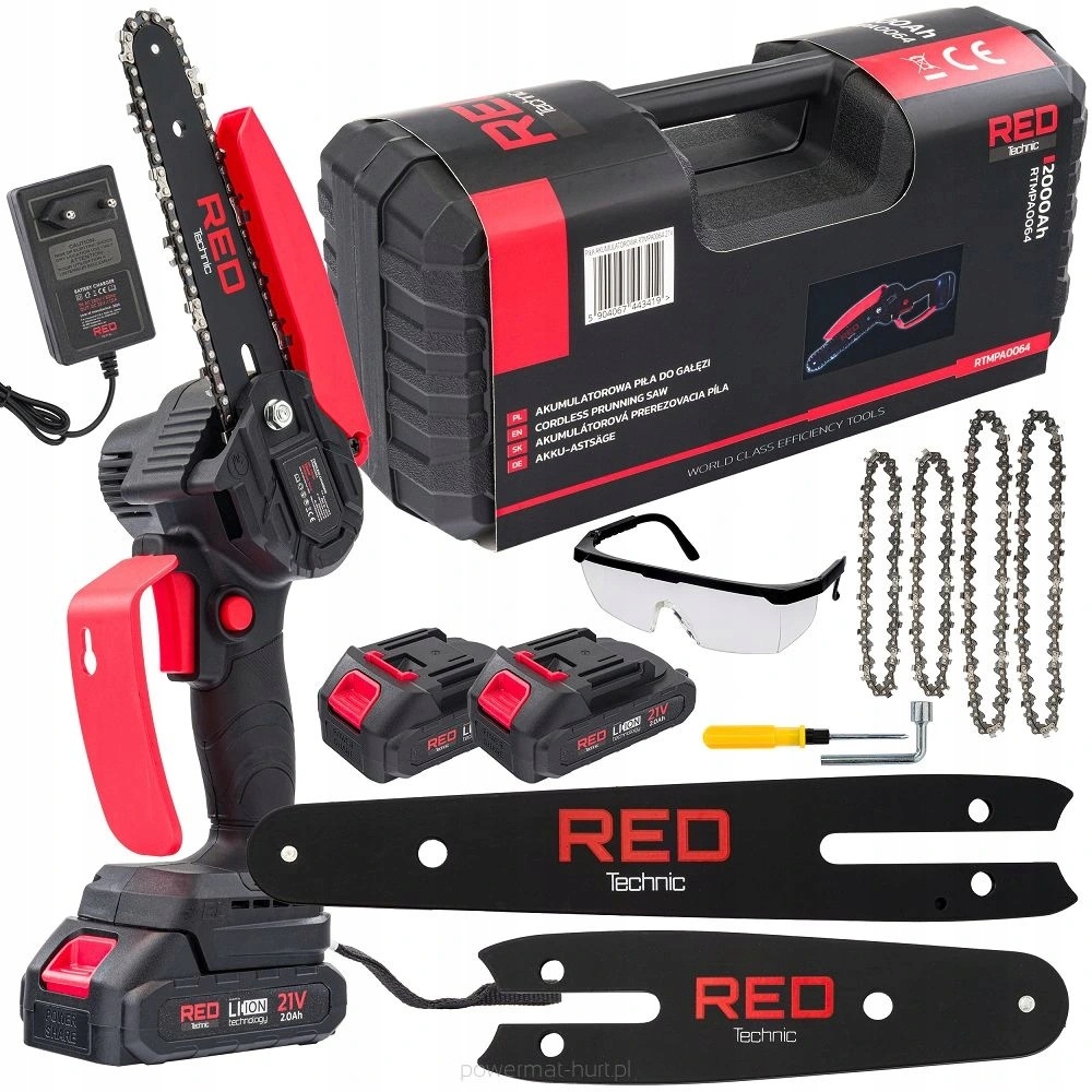 Red Technic aku mini řetězová pila 21V lišta 6 palců 2x akumulátor v kufru