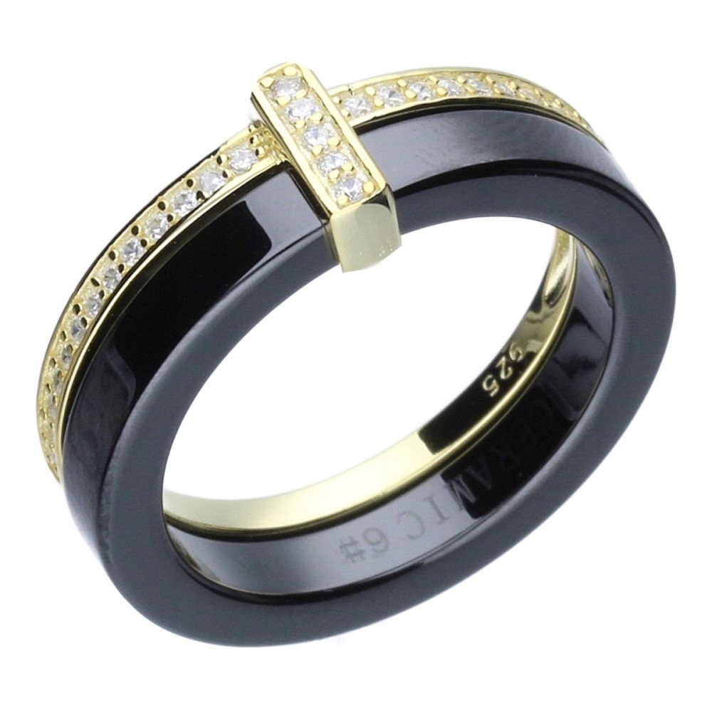 Prstýnek ze stříbra 925 pozlacený Černá Keramika se zirkony r24
