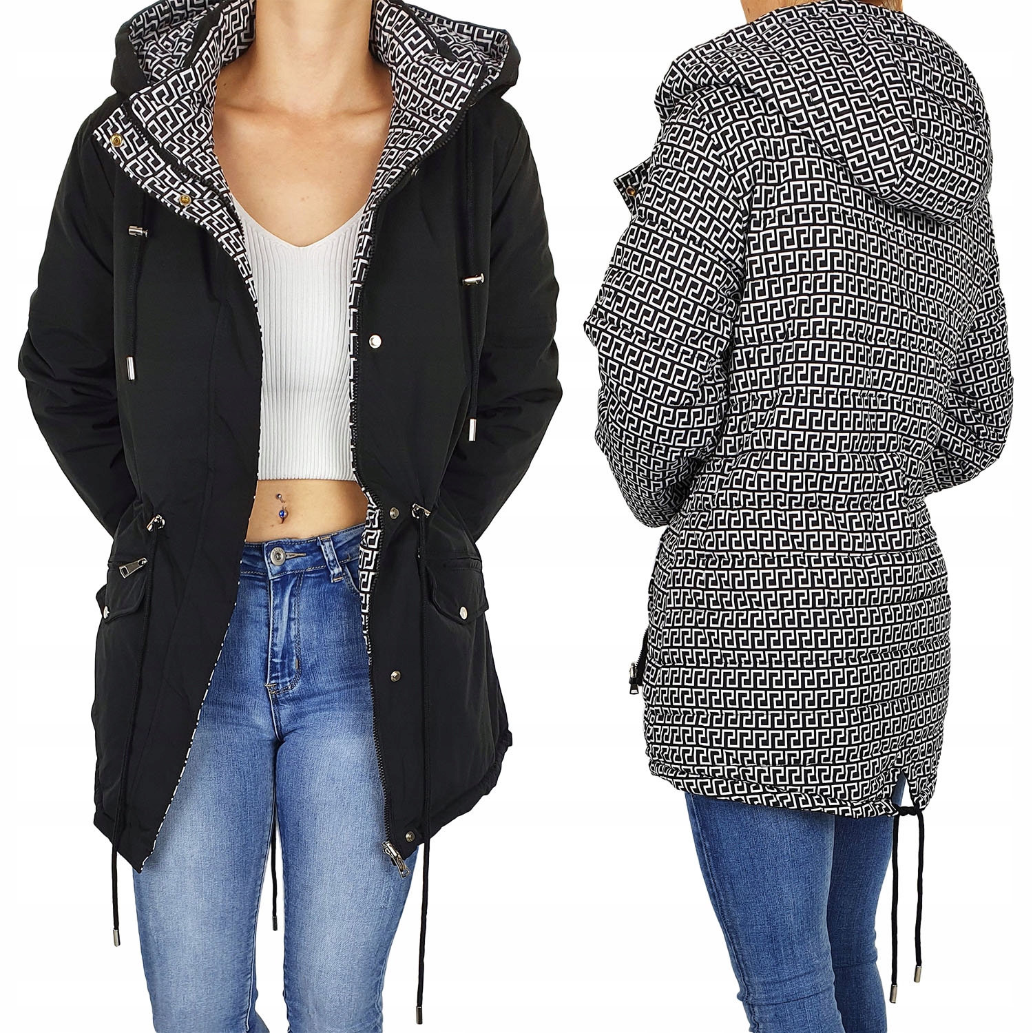 #oboustranná Bunda Dámská Bunda Parka S Kapucí Black