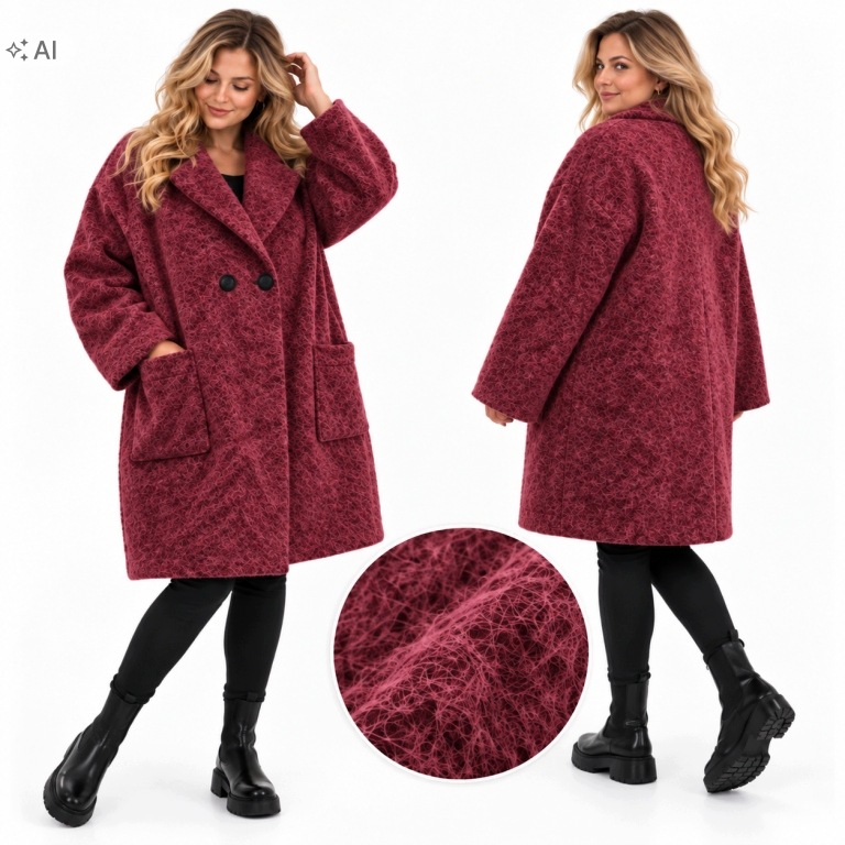 5599 Dámský kabát bordo chlupatý boucle dvouřadé kapsy 54 56 7xl 8x