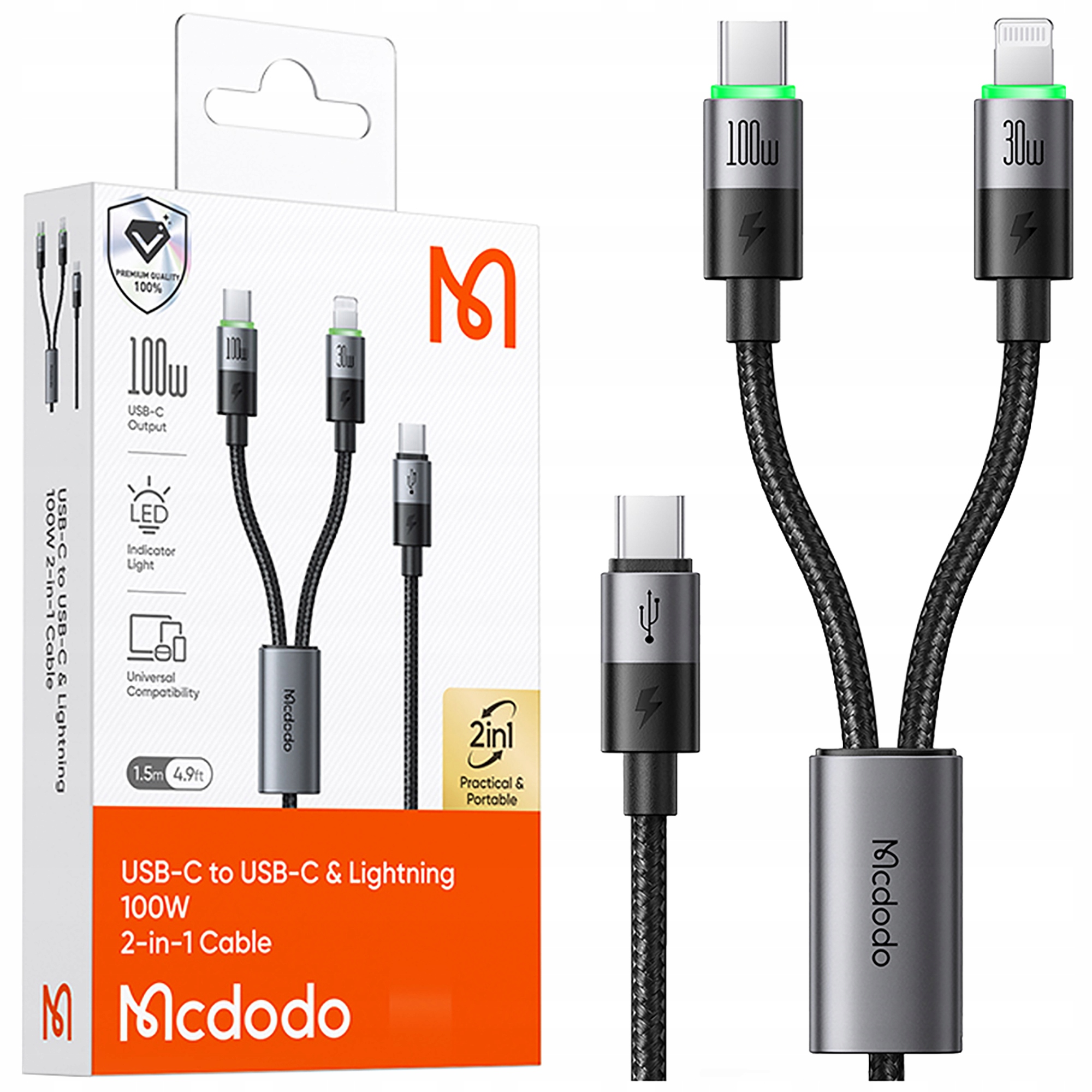 Kabel Usb-c McDodo 2W1 do iPhone 14 i MacBooka, 100W, 2m, czarny