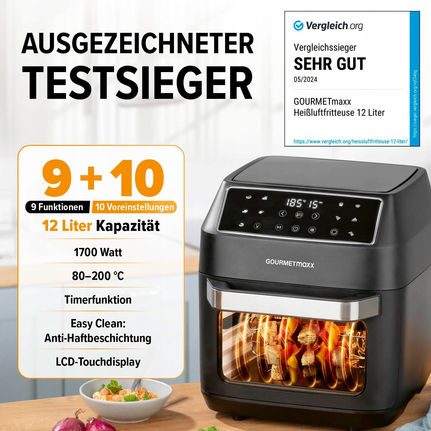 GOURMETMAXX Frytkownica Beztłuszczowa 12L 1700W 9 Funkcji Minipiekarnik — miniatura 2
