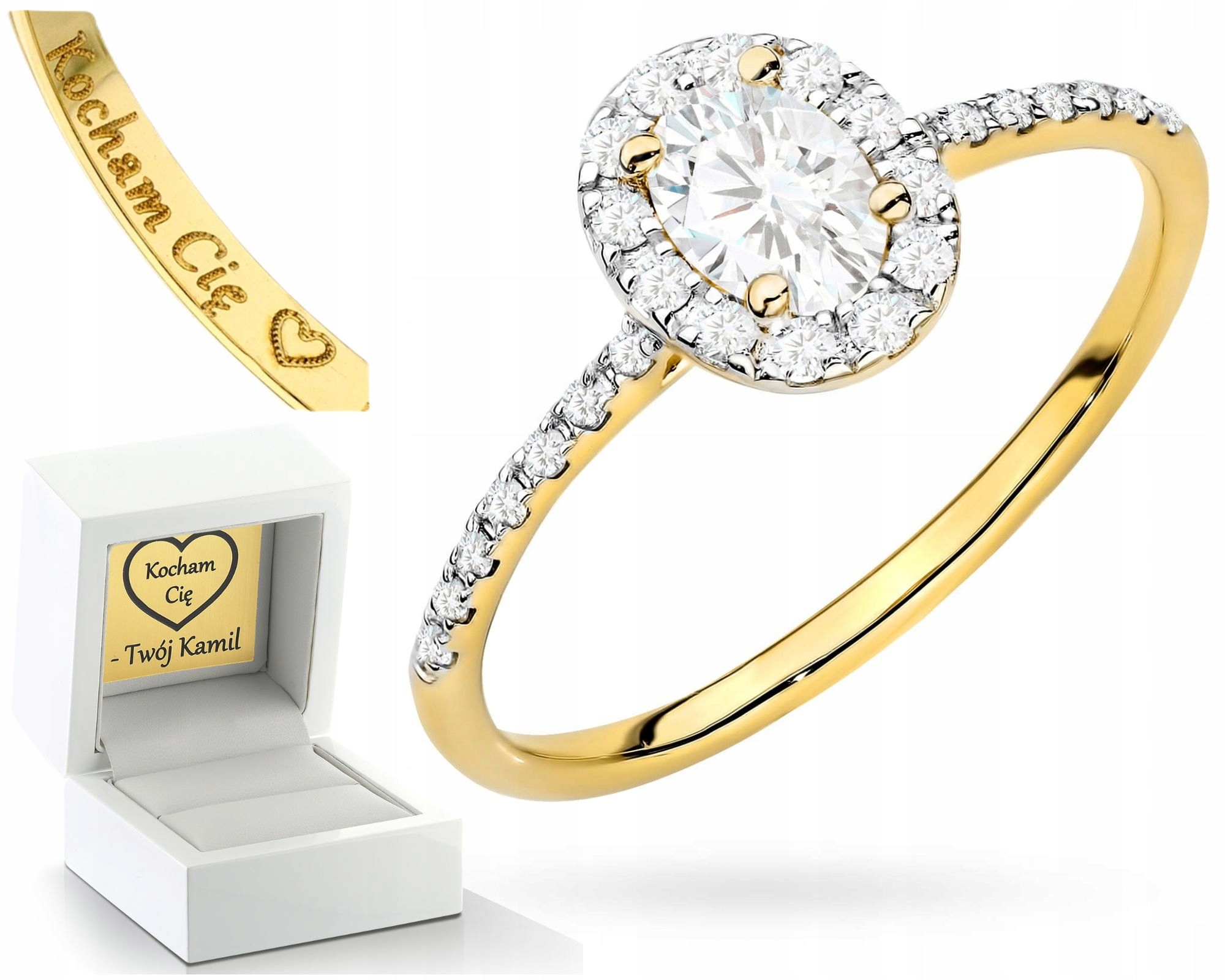 Žlutý Zlato Zlatý Prstýnek Prsten S Diamanty, Gravírování 585, Dárek