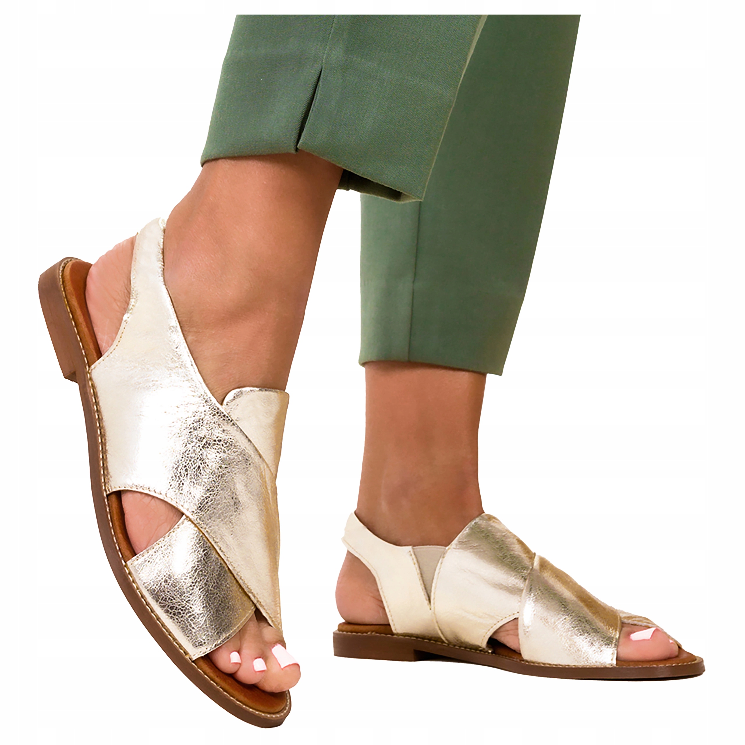 Zlaté Dámské Kožené Sandály Ploché Módní Pásky Na Kříž Pohodlné vel. 37