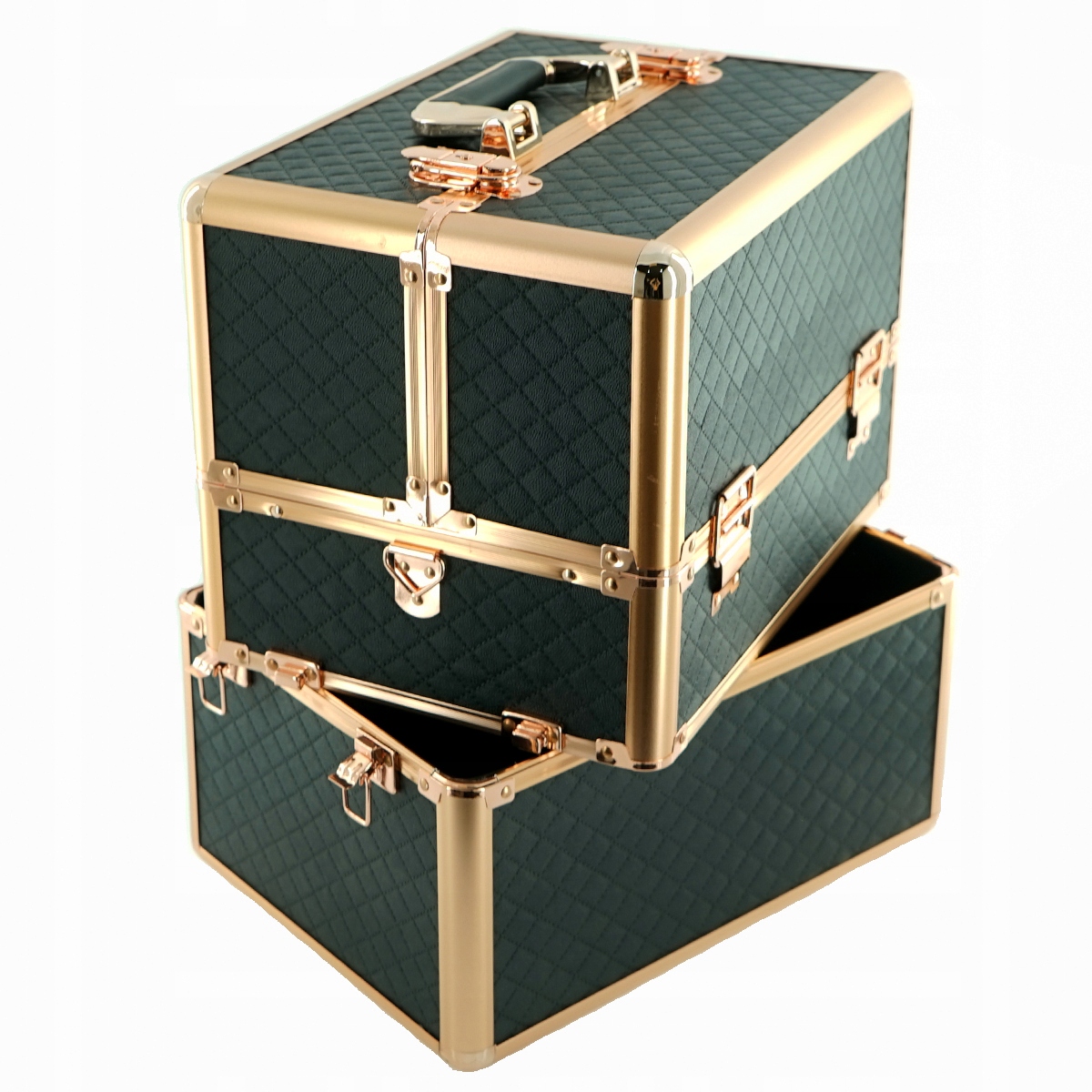 KUFEREK KOSMETYCZNY DUŻY XL ROSE GOLD PIKOWANY CZARNY ZŁOTY Szerokość produktu 33 cm