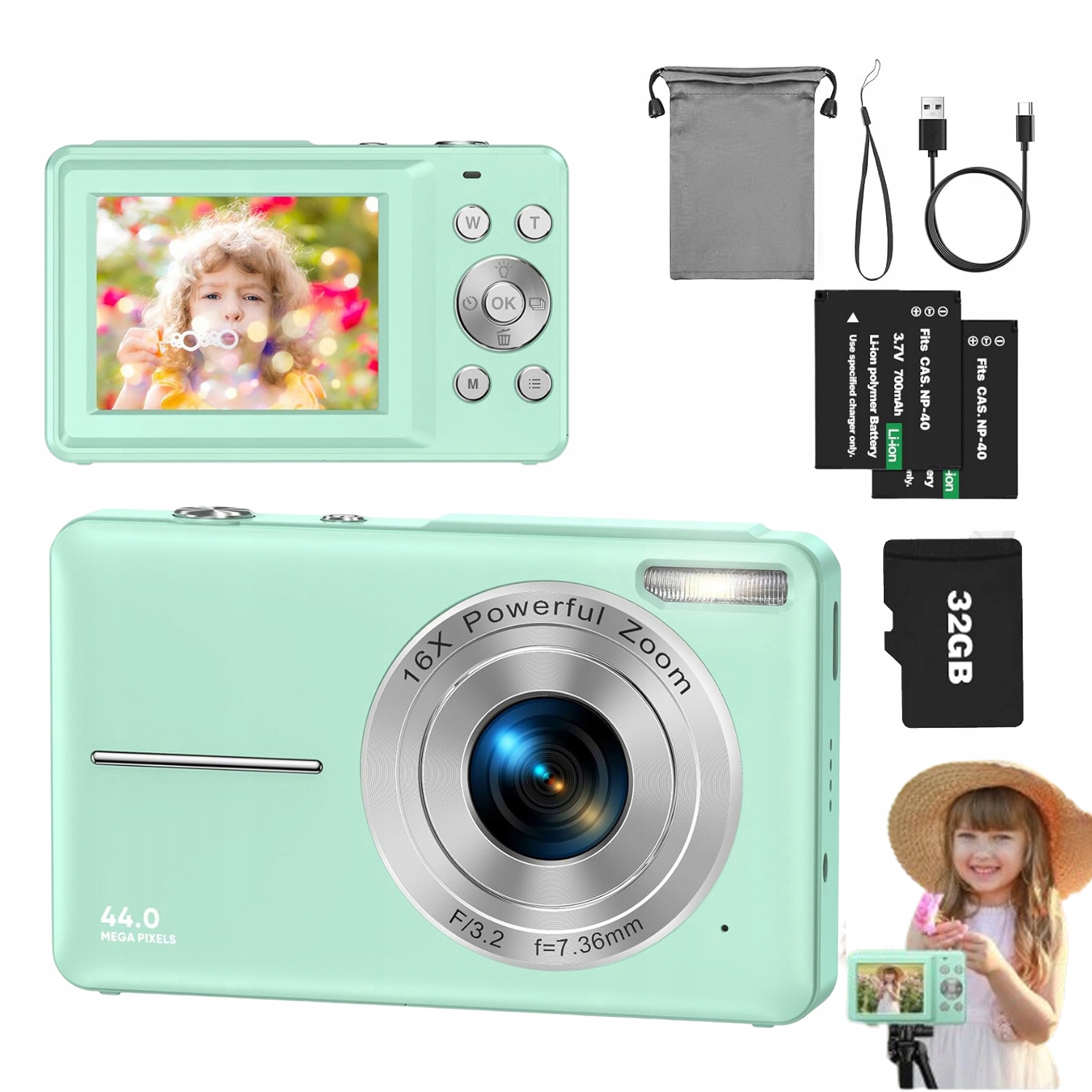 Mini Digitální Fotoaparát Pro Děti Hd Přenosný 1080P 16X 44MP Zelený