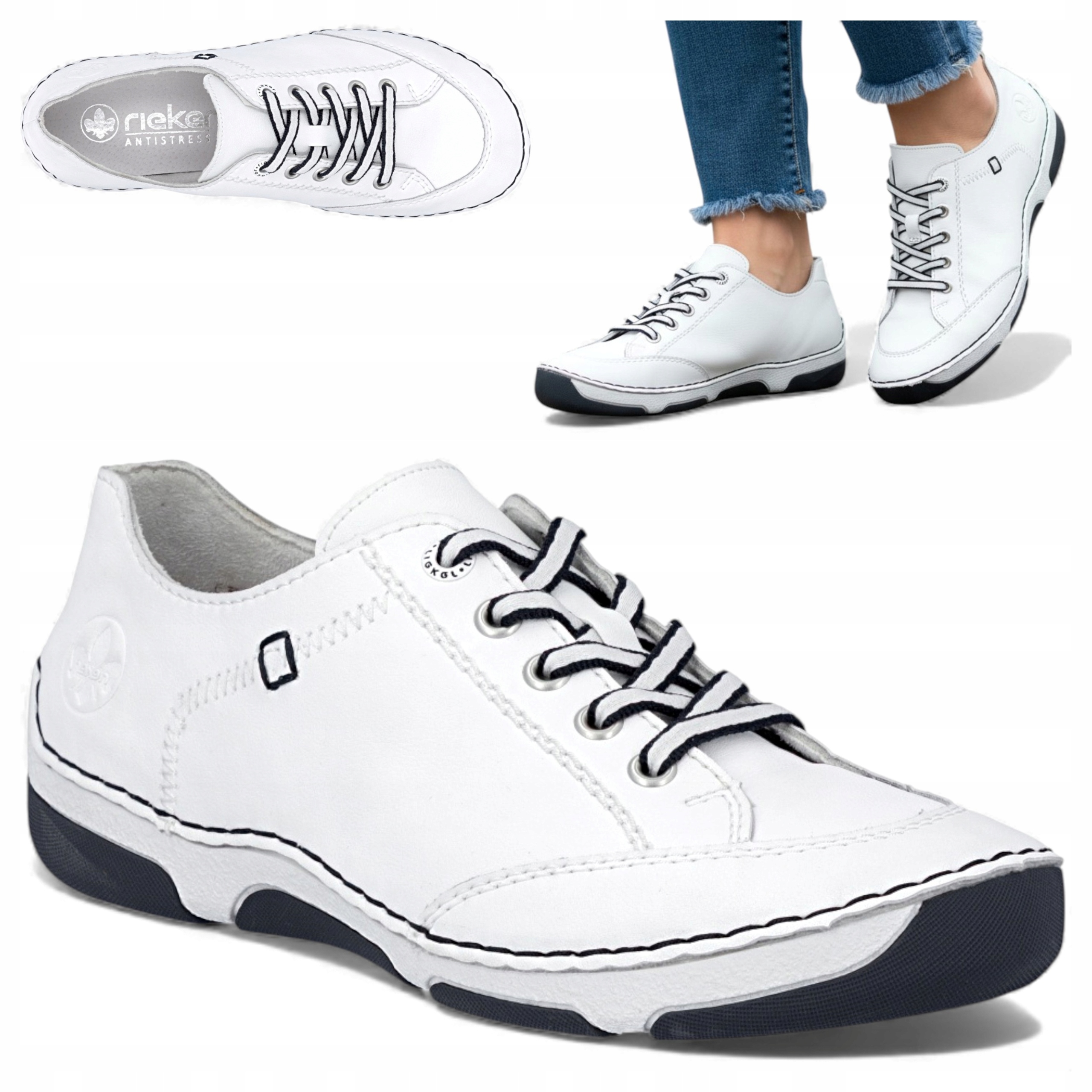 Rieker 41 Dámské kožené polobotky Pohodlné šněrovací boty Bílé Sportovní