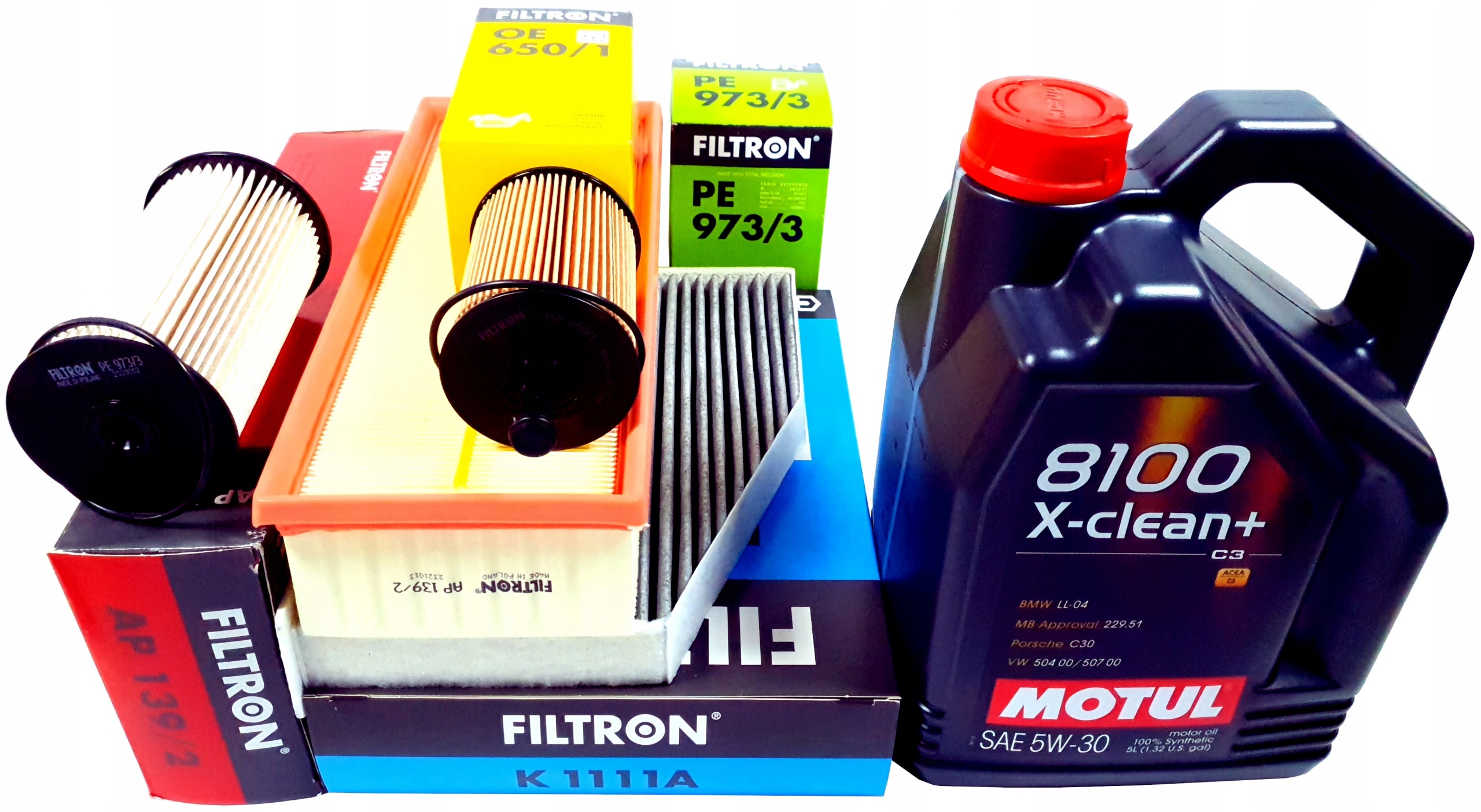 Sada 4 filtrů Filtron Olej Motul 5W-30 5L Vw Audi Škoda Seat 1.9 2.0 Tdi