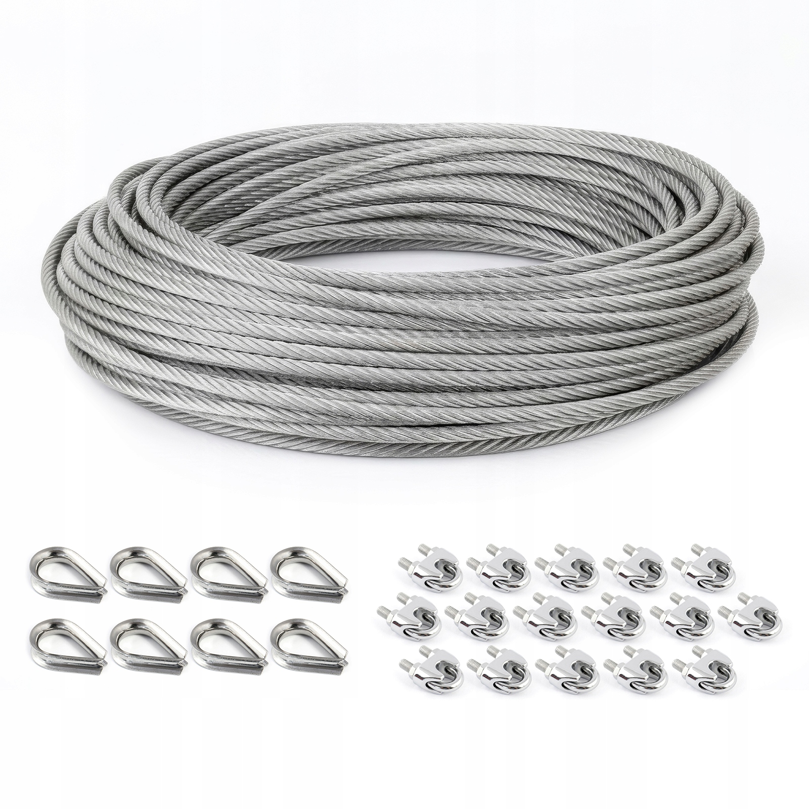Sada nerezového lana 4 mm 7x7 100 m 8 x kauše 4 mm 16 x svorky 4 mm