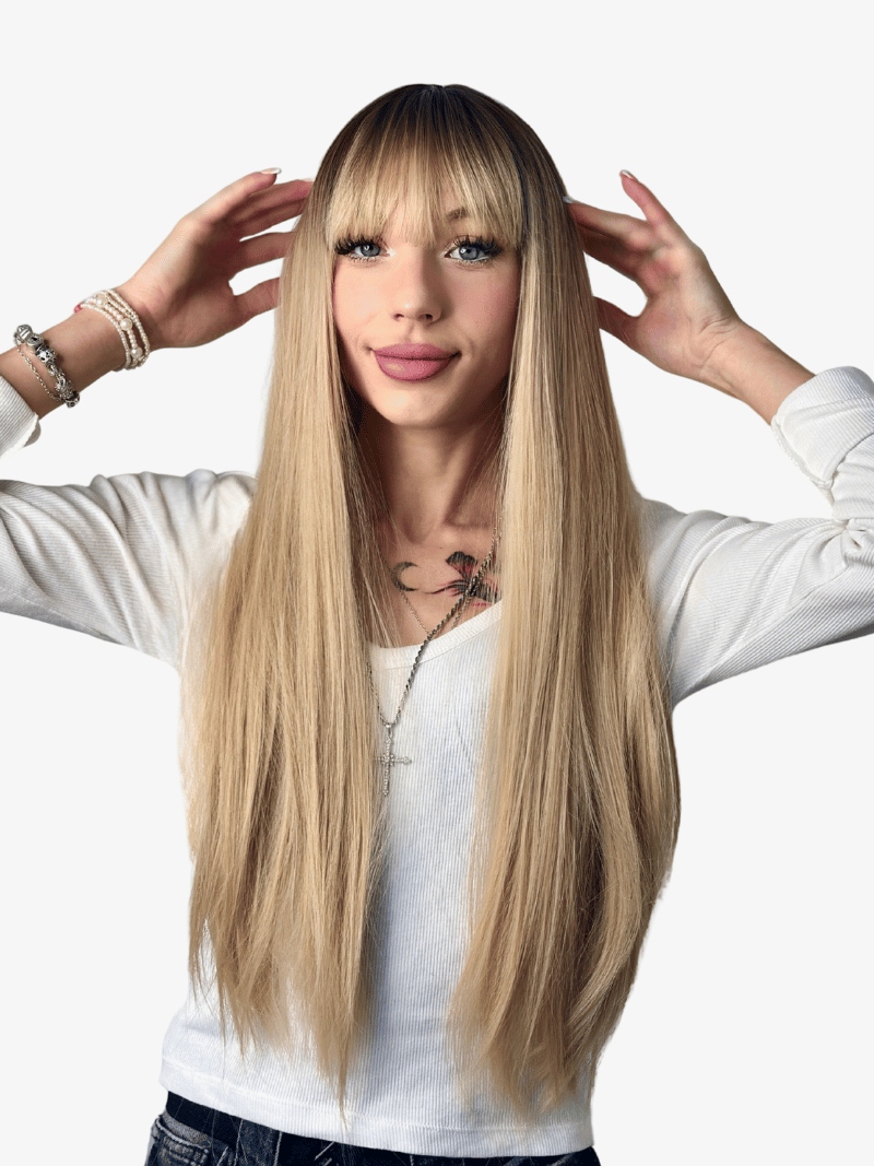 Peruka długa gęsta włosy syntetyczne średni blond grzywka LC288