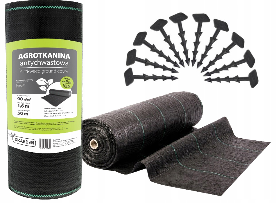 Czarna Agrotkanina Antychwastowa Ogrodnicza Skarden 1,6x50m 90 g/m2 Kotwy