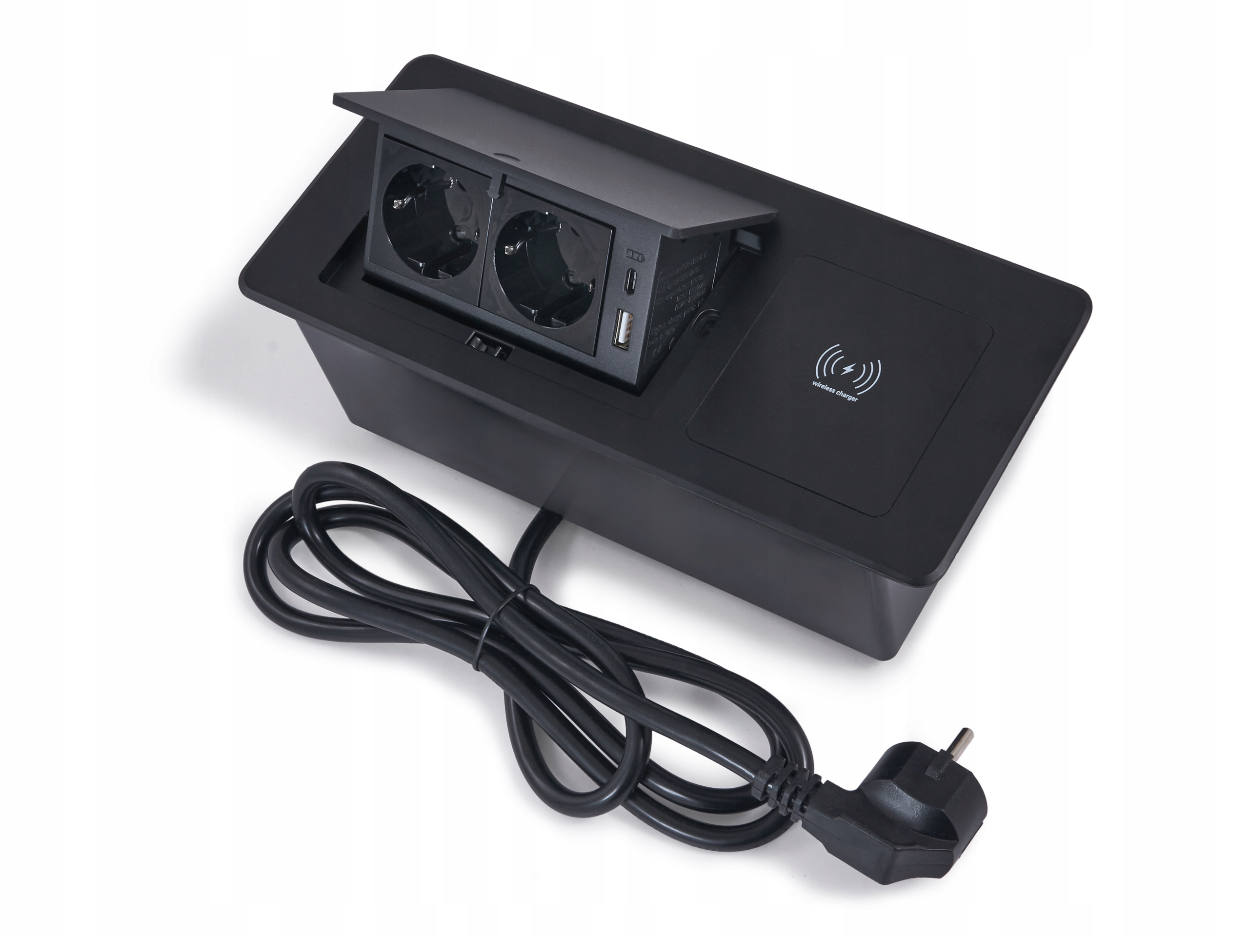 Zásuvka na desku 2x230V Usb A+c Indukční nabíječka Černá