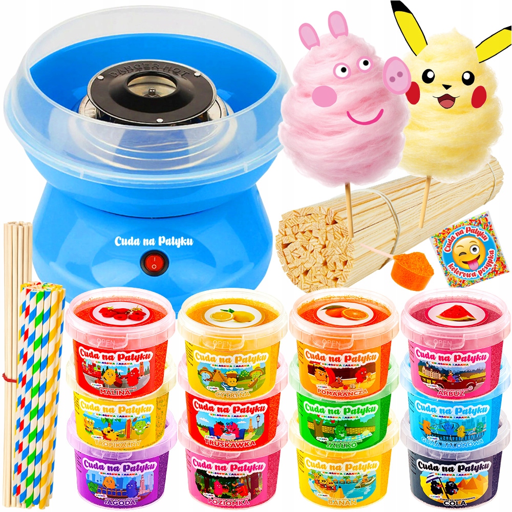 Maszyna do Waty Cukrowej Cukier Kolorowy Smakowy 12x100g Maszynka Patyczki