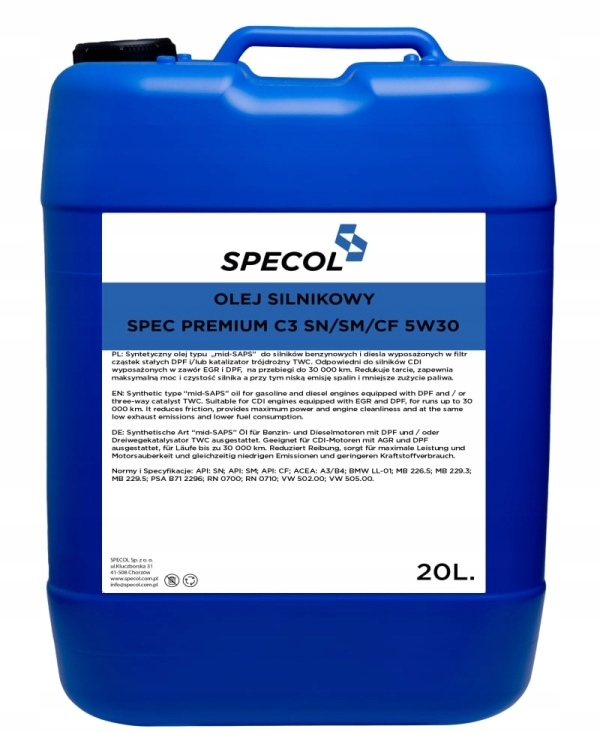 Specol Prémiový Olej 5V30 20 L C3 Sn Plus/sm/cf 502.00 505.00 505.01