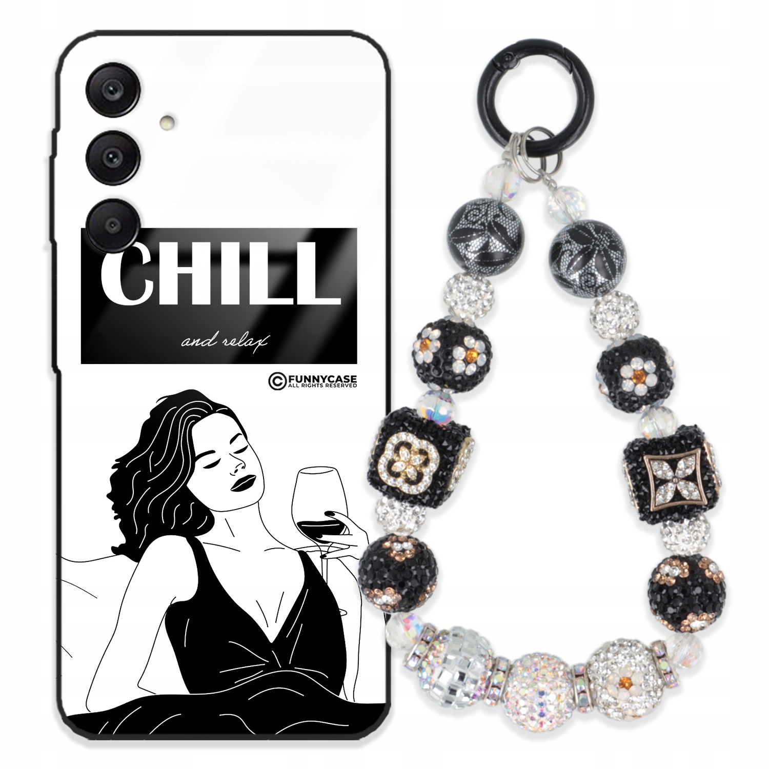 Puzdro Na Samsung A26 5G Sklo Ženské Black&white Kľúčenka Strieborné Zirkóny Wz