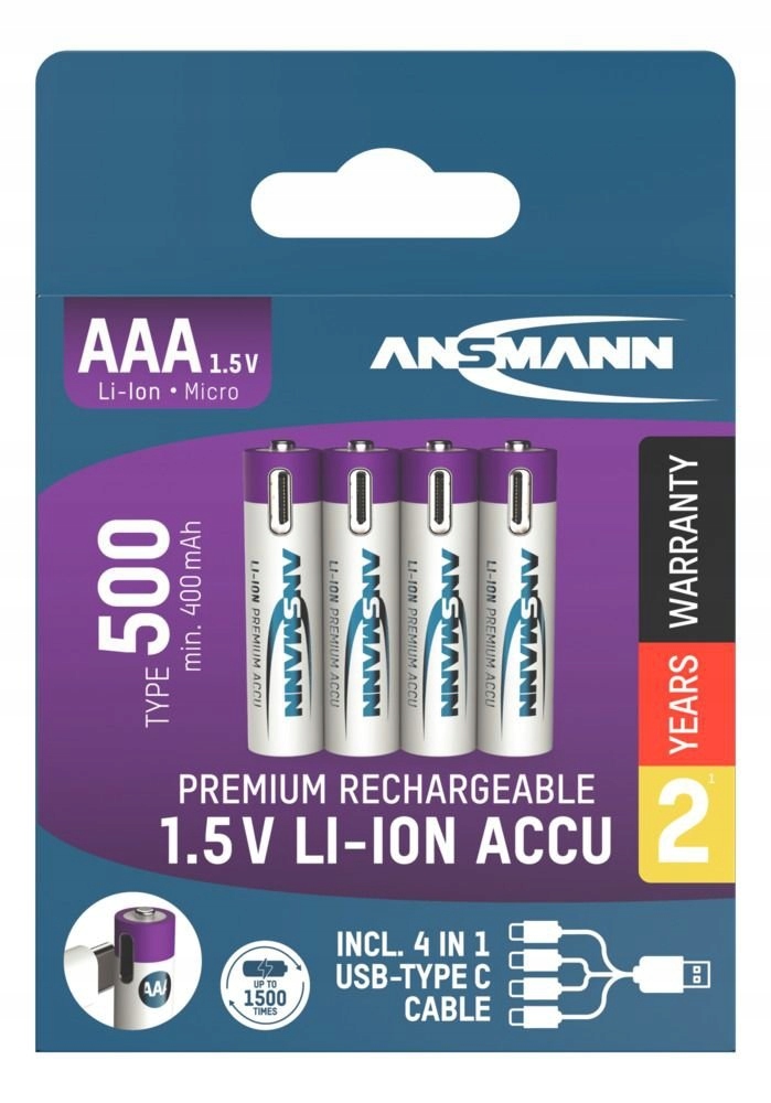 Akumulatorki Ansmann Li-Ion Aaa 400 mAh 1.5 V Baterie wielokrotnego użytku