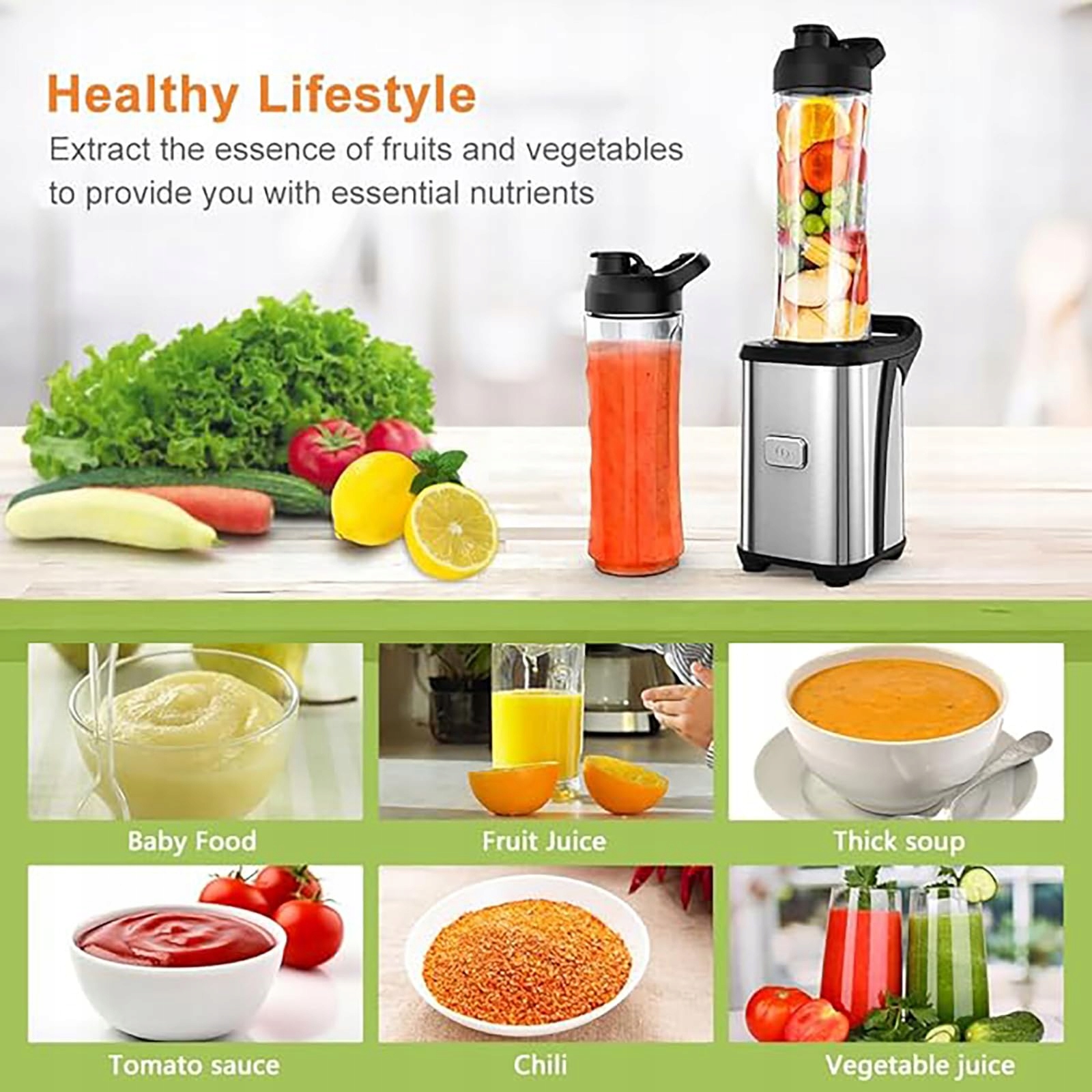 ENFMAY Blender Do Smoothie 350W Z 2x600ml Butelkami Srebrny Blender — miniatura 3