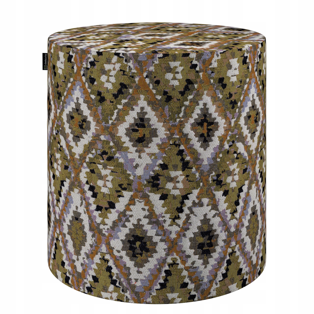Taburetka Barrel ø40, výška 40 cm, krémové aztécke vzory na olivovom pozadí