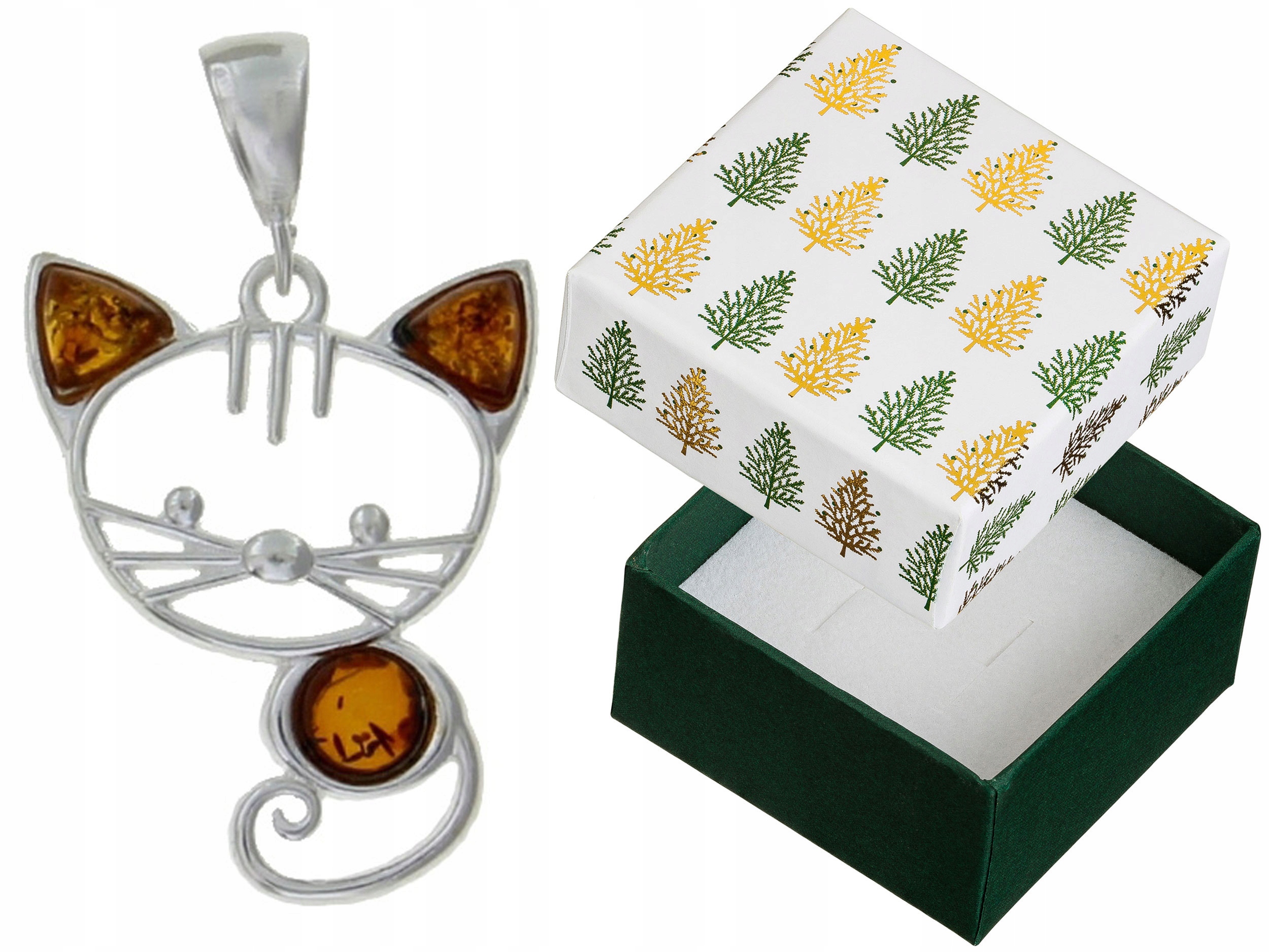 Stříbrný Přívěsek Kočka s jantarem Dámský stříbrný přívěsek Kočička s mašličkou