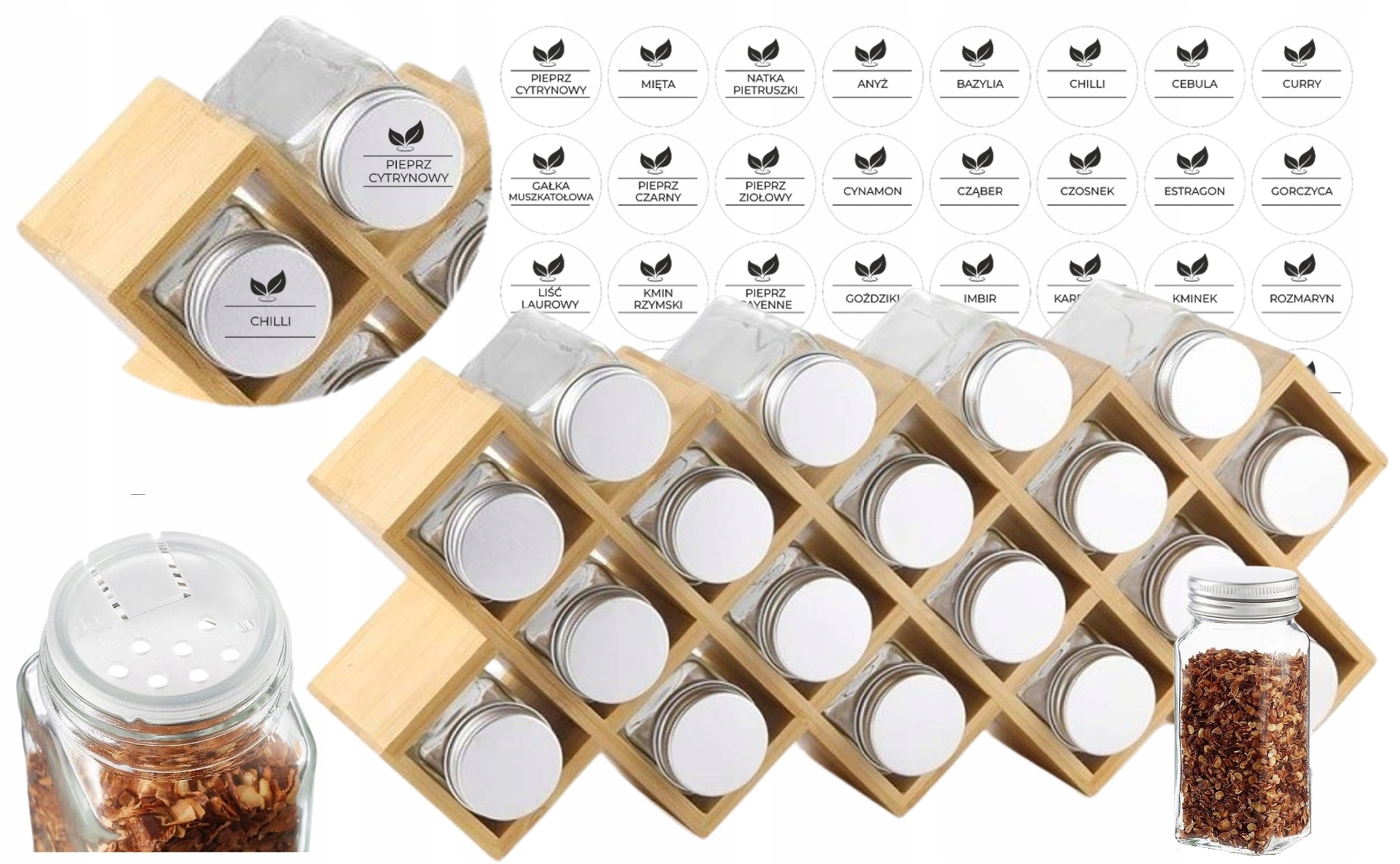 ZESTAW NA PRZYPRAWY DO ŻYWNOŚCI STOJAK ORGANIZER PRZYPRAWNIK SZKLANY SŁOIK