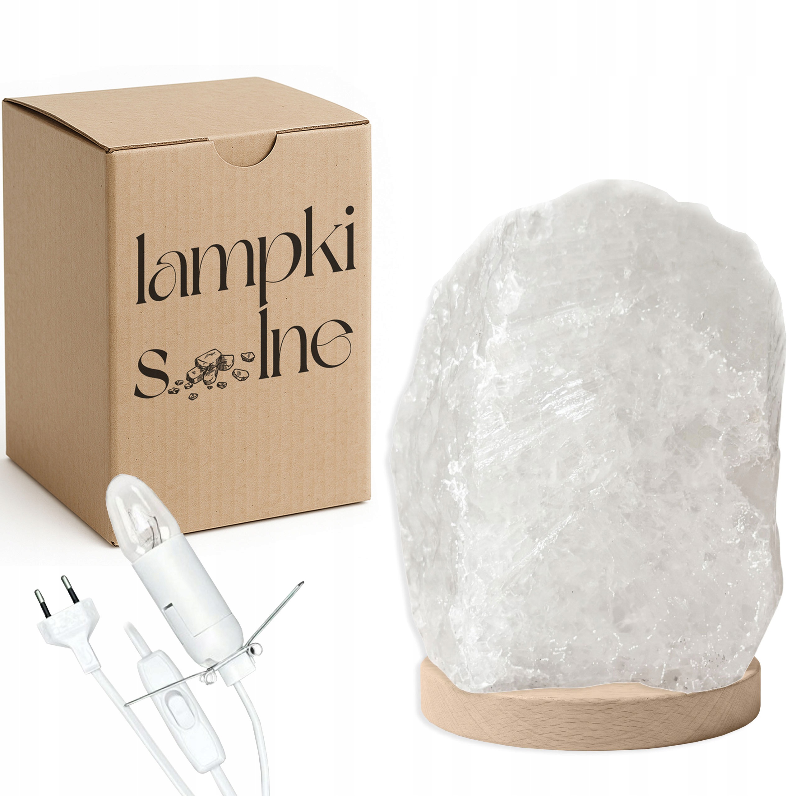 Solná lampa bílá Kłodawska z Polska 1-2 Kg Jonizator buková podstava