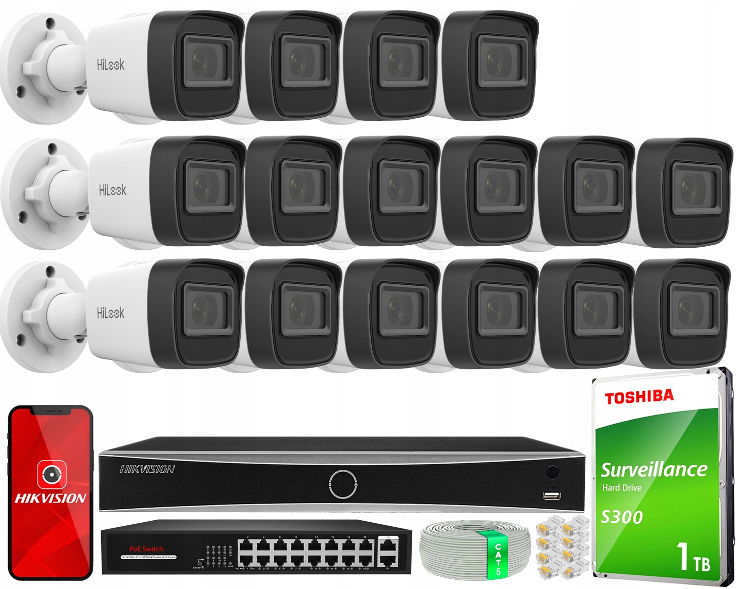 Venkovní monitorovací sada 16 kamer 2MP PoE HiLook od společnosti Hikvision