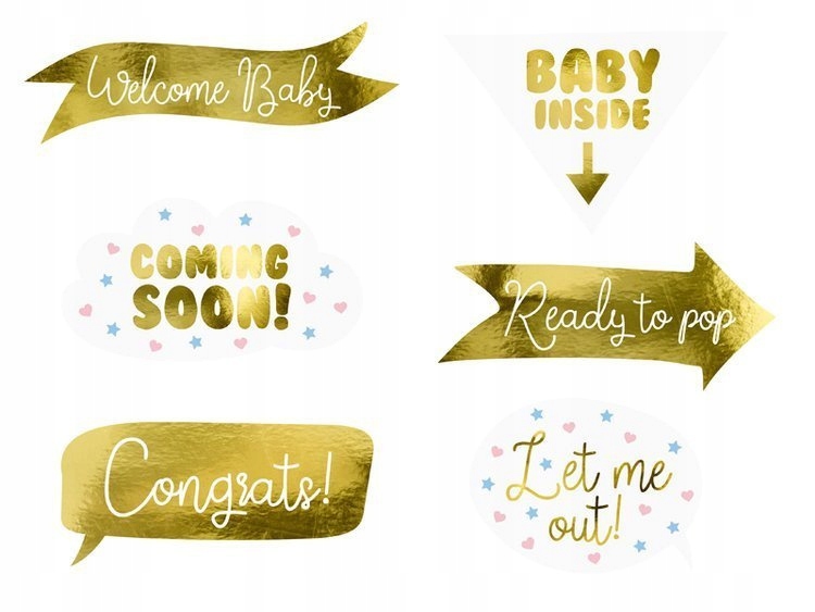 GADŻETY DO ZDJĘĆ BABY SHOWER FOTOBUDKA ZŁOTE 6 SZT