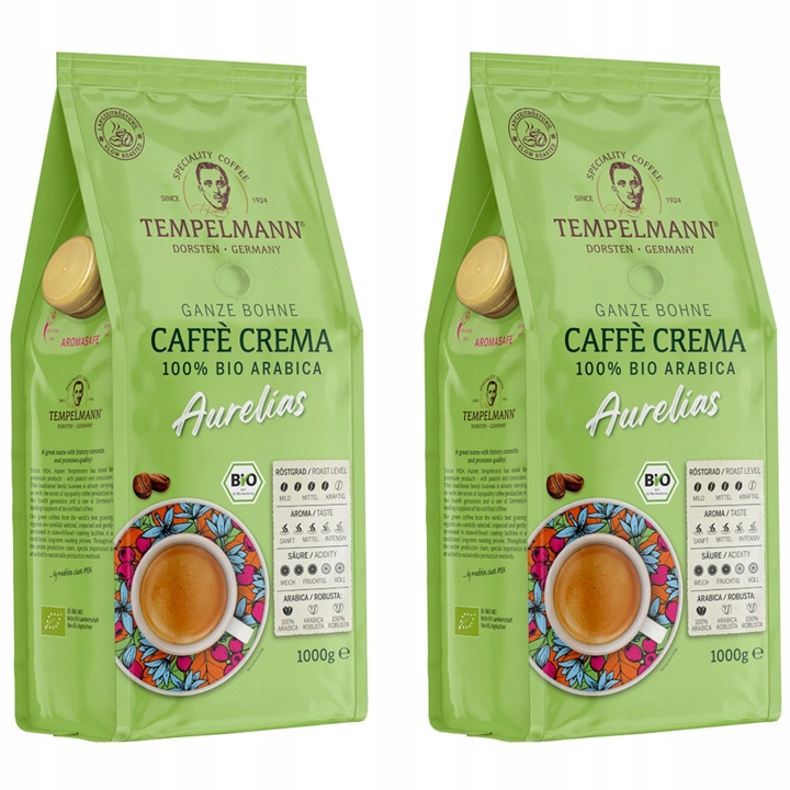 Kawa ziarnista Tempelmann Aurelias 100% Arabica Caffe Crema Bio 2x1kg