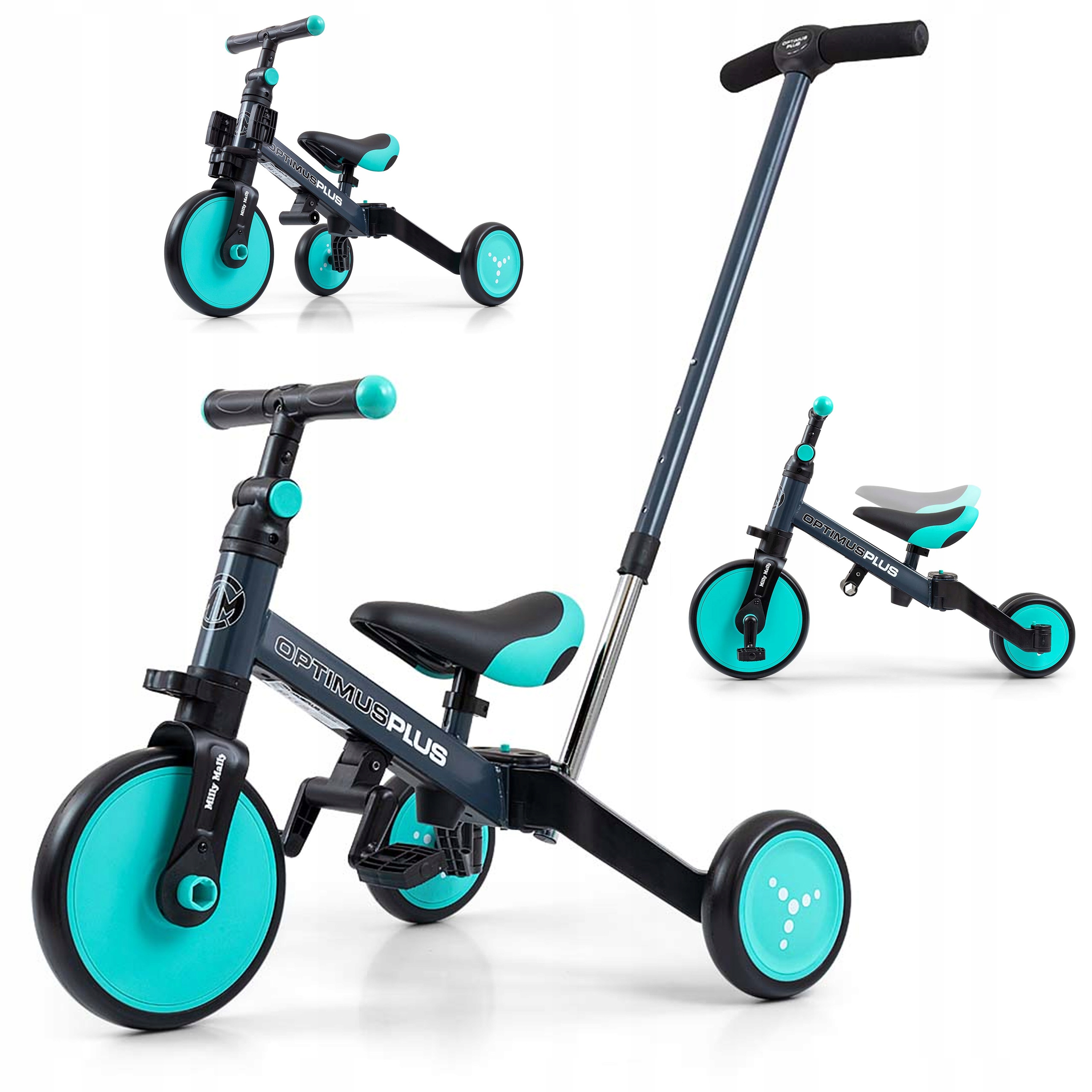 Rowerek Trójkołowy Milly Mally Optimus Plus 4w1 Biegowy Pedały Mint