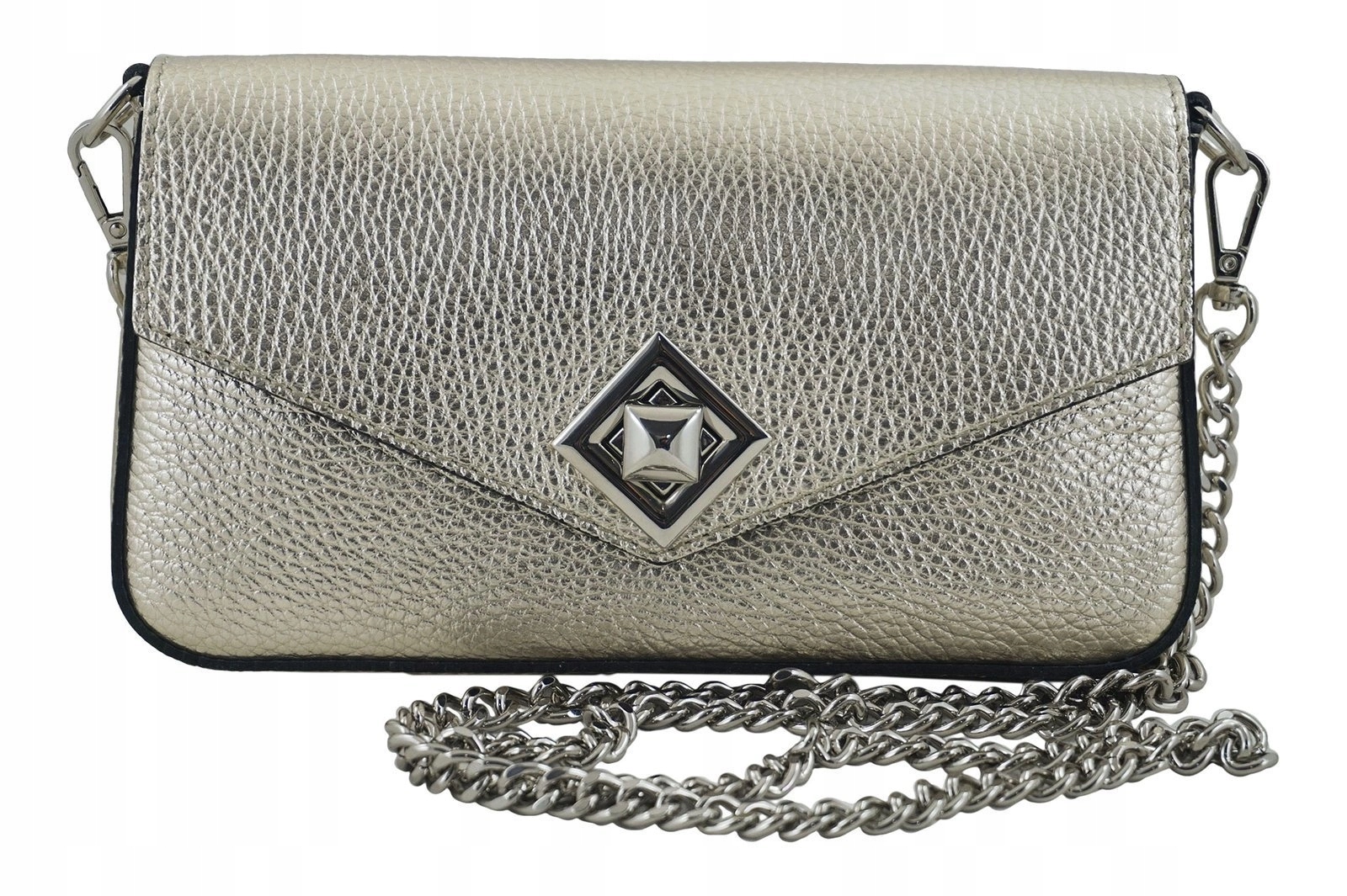 Dámská kožená vizitková kabelka na řetízku, metalizovaná zlatá