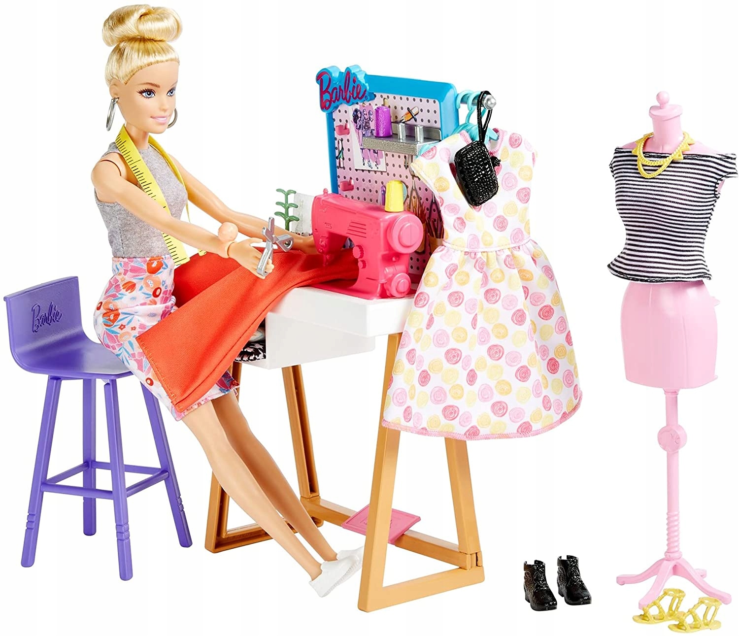 LALKA BARBIE STUDIO MODY maszyna do szycia zestaw Materiał plastik tkanina