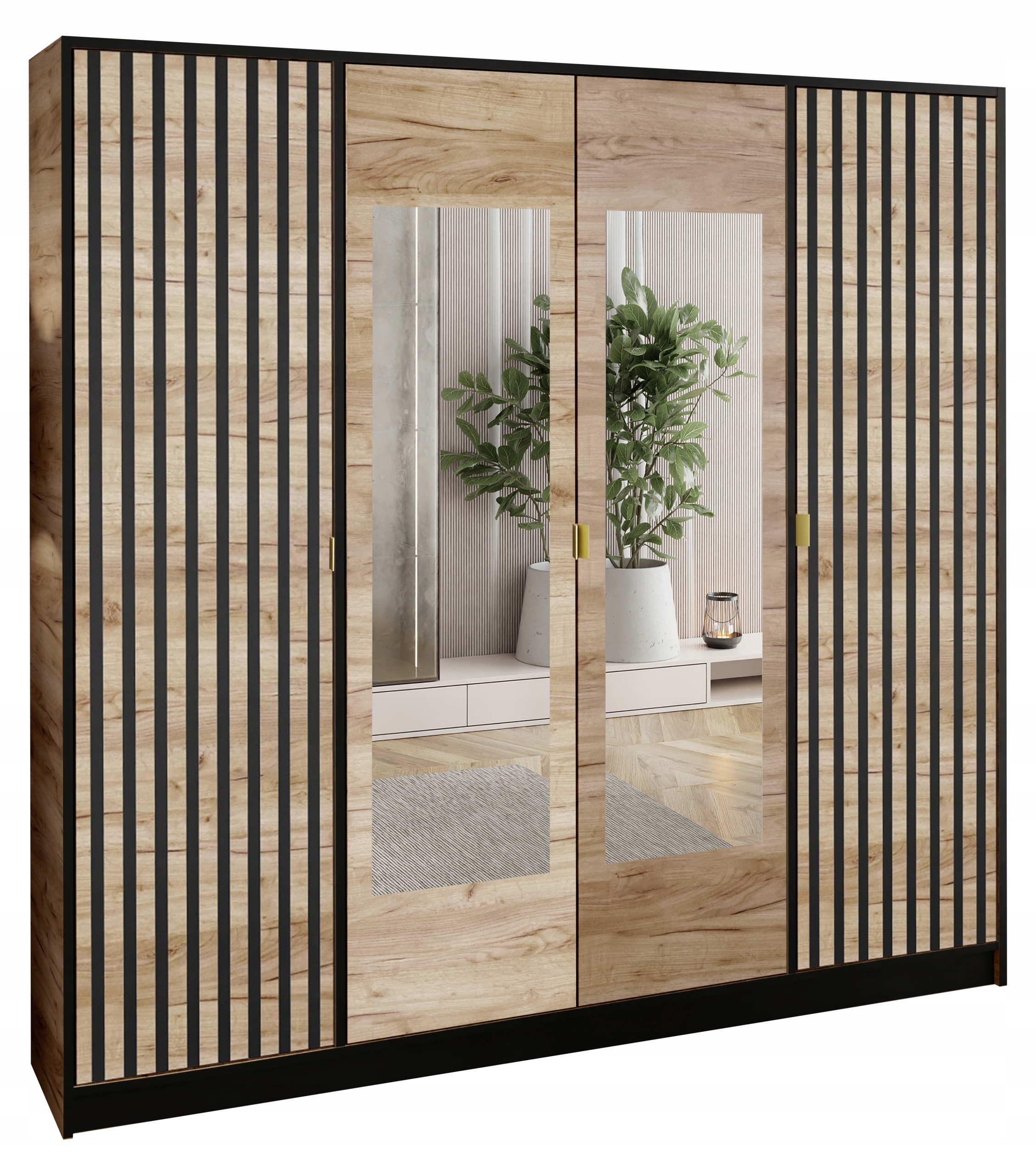 Skříň Lumi 207 4D Dub Craft 2x zrcadla Dior Vzor 3 zlatý úchyt