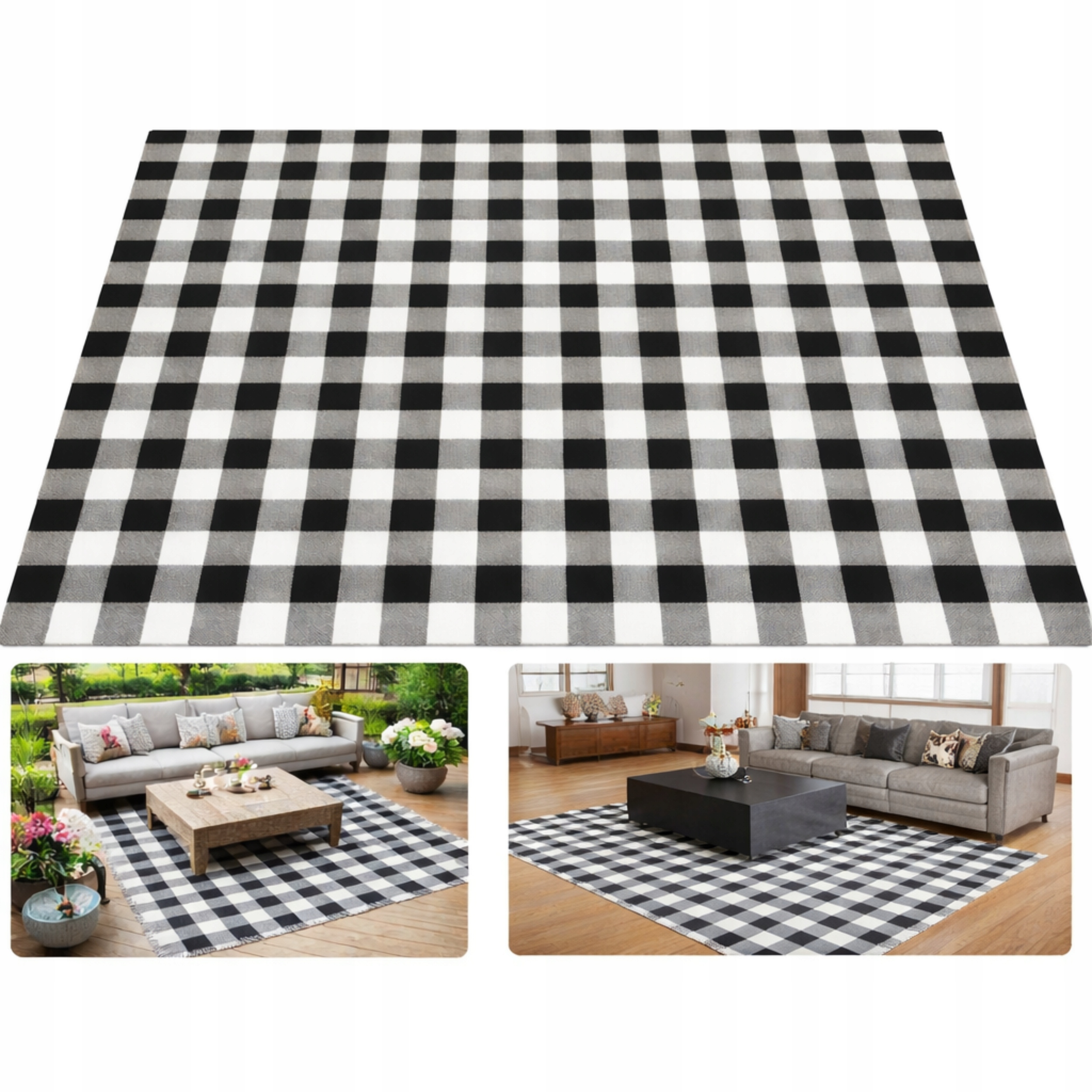 Koberec Do Obývačky Alebo Vonkajší Bavlnený 240 X 300 CM Mriežka Biela Čierna