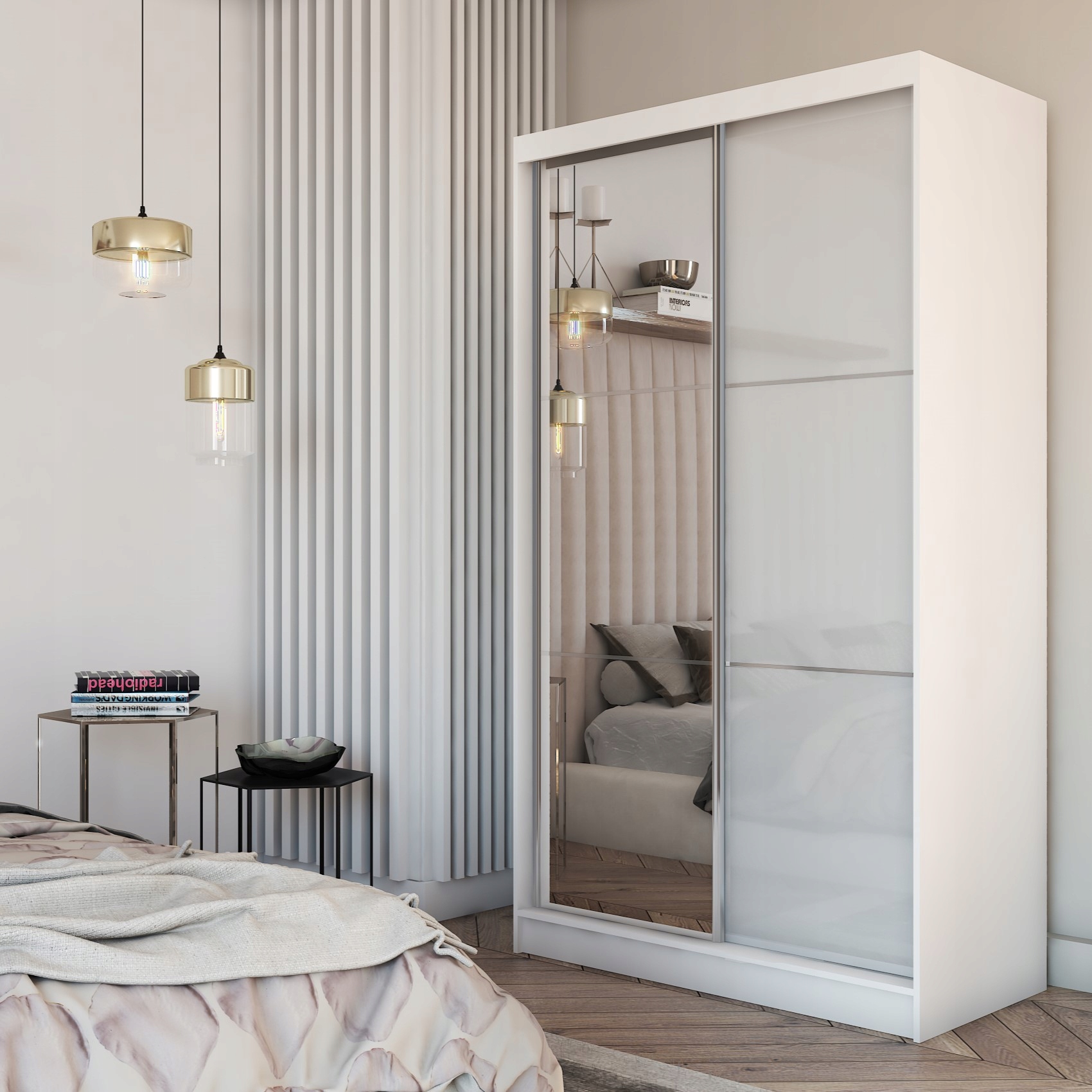 Skříň 120 cm Skříň se zrcadlem Posuvná bílá