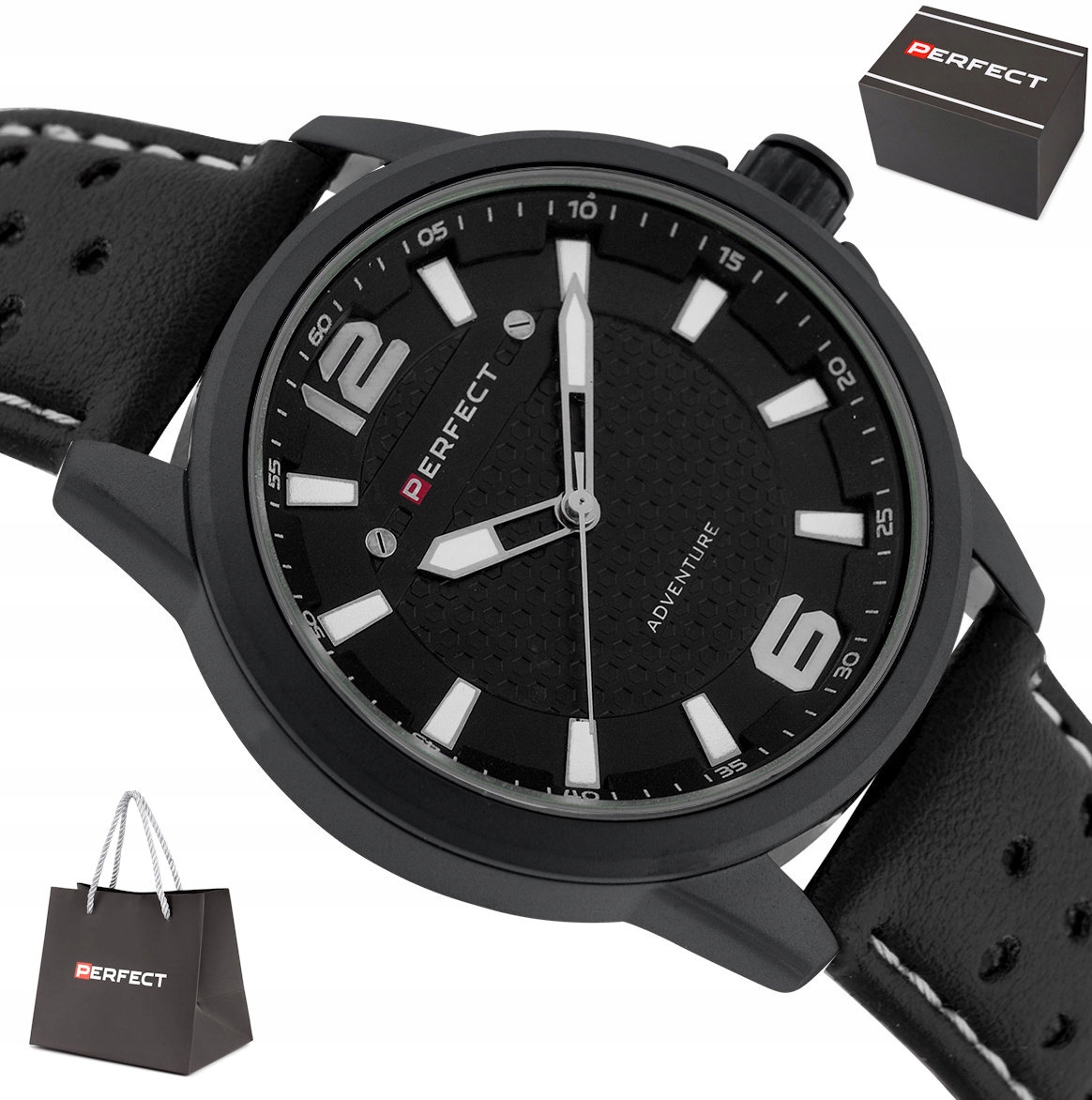 Pánské Sportovní Černé Hodinky Perfect W146-07 44 mm Perforovaný Pásek