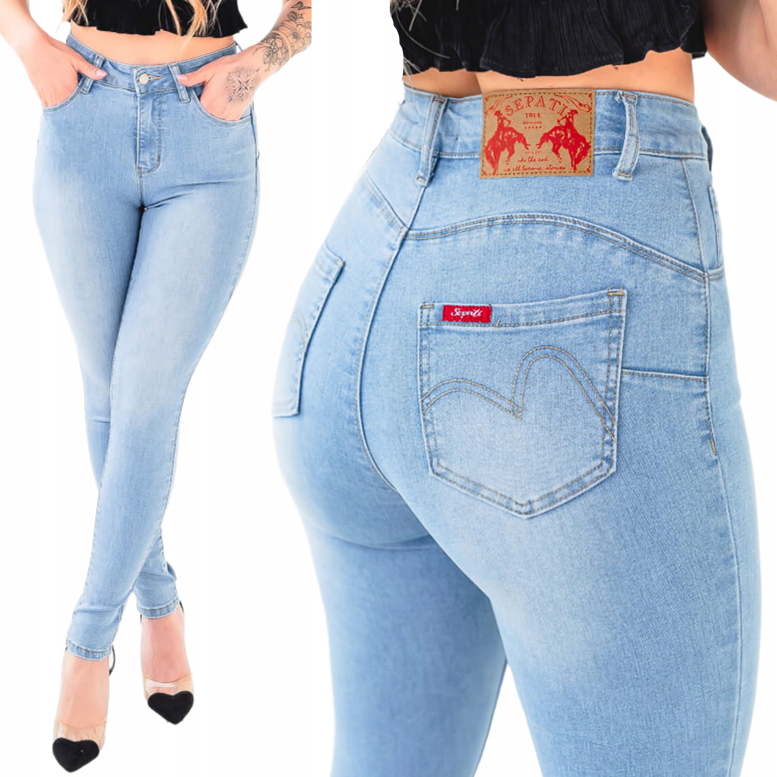 Jasne jeansowe spodnie damskie rurki Push Up modelujące skinny M