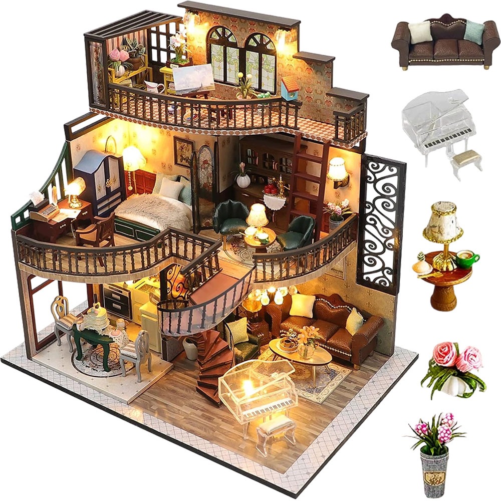 Drewniane Puzzle 3D Retro Domek Architektura Zestaw Do Sklejania Z Lampkami