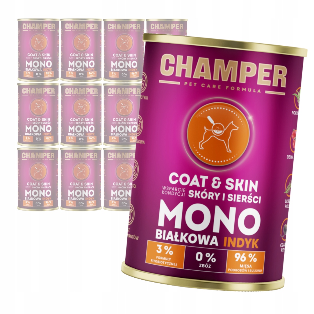 Levně Champer Coat & Skin 12x400 g Monoproteinové Vlhké Krmivo pro psy s krůtím masem