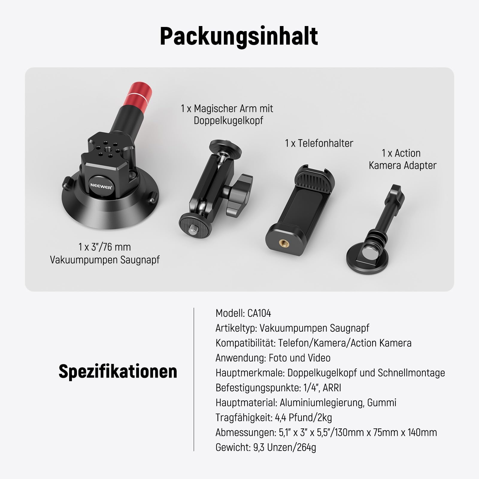 NEEWER Uchwyt Kamery 3" Z Przyssawką Magic Arm i Adapterem GoPro — miniatura 7