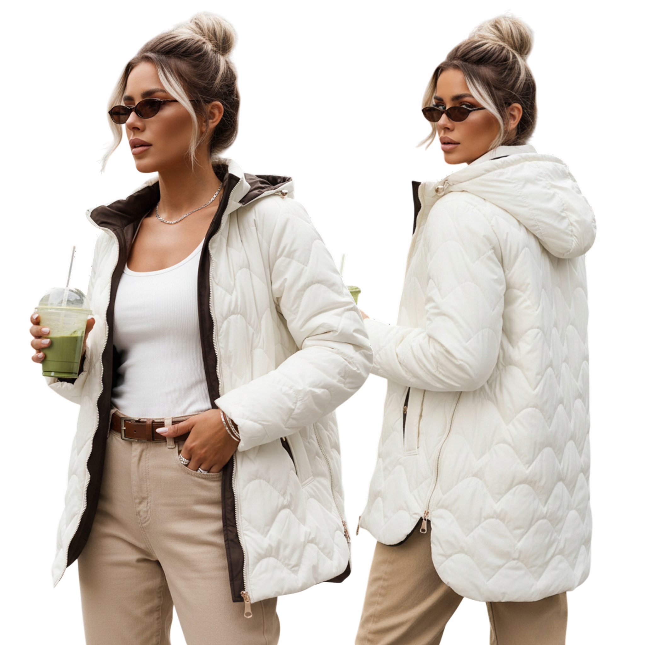 Kurtka przejściowa damska pikowana z odpinanym kapturem ecru TY5624 S