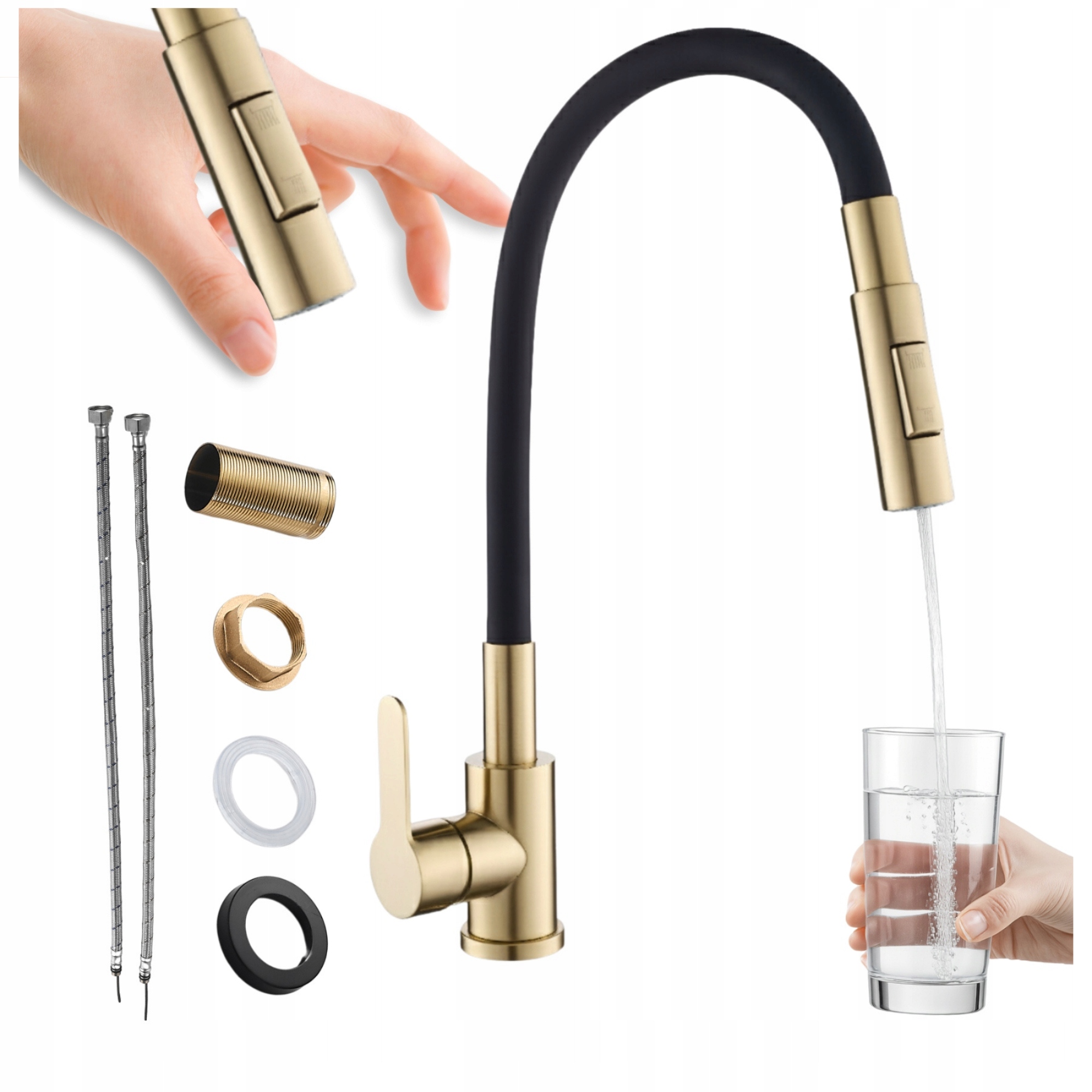 Kuchyňská baterie Zlato Kartáčovaná Elastický Černý výtok Reno