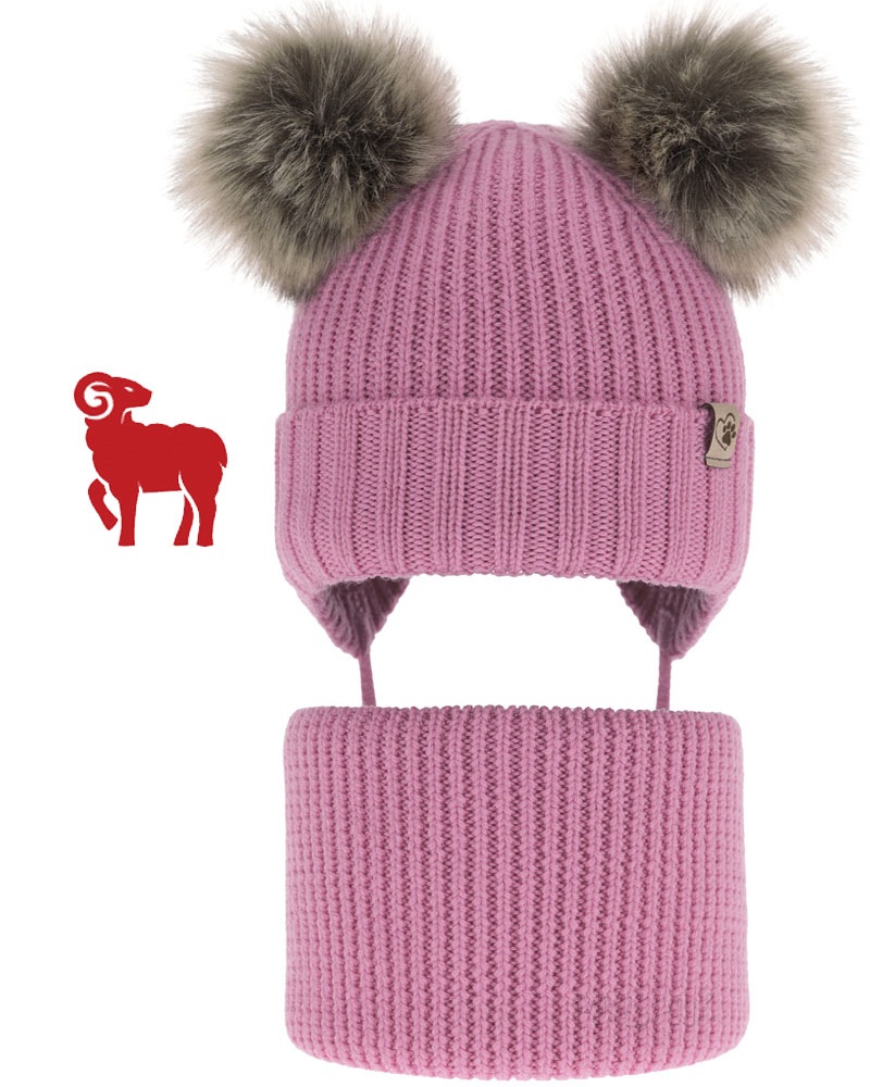 Wrzosowy Ciepły komplet zimowy Czapka wiązana Komin 50-52 Wełna Merino 3-7l